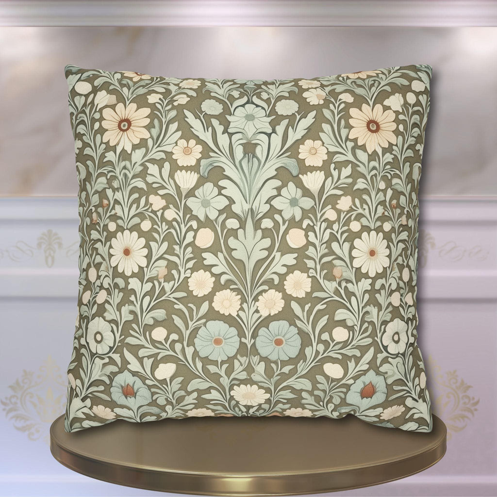 William Morris Inspired Botanical Pillow Cover: Sage, Cream & Peach Floral Pattern Cushion Case
