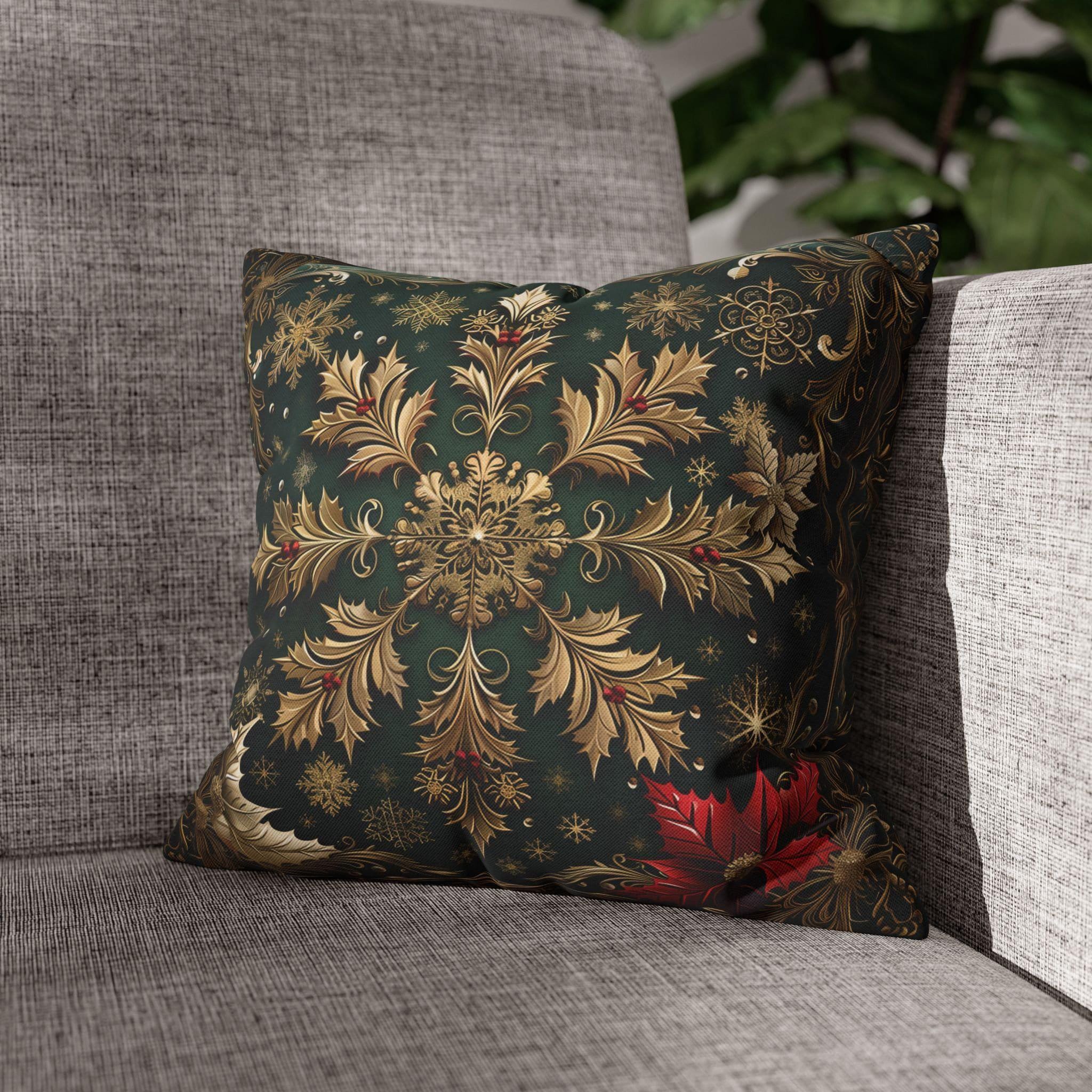 Gold Snowflake Poinsettia Pillow Cover, Emerald Green Holiday Decor