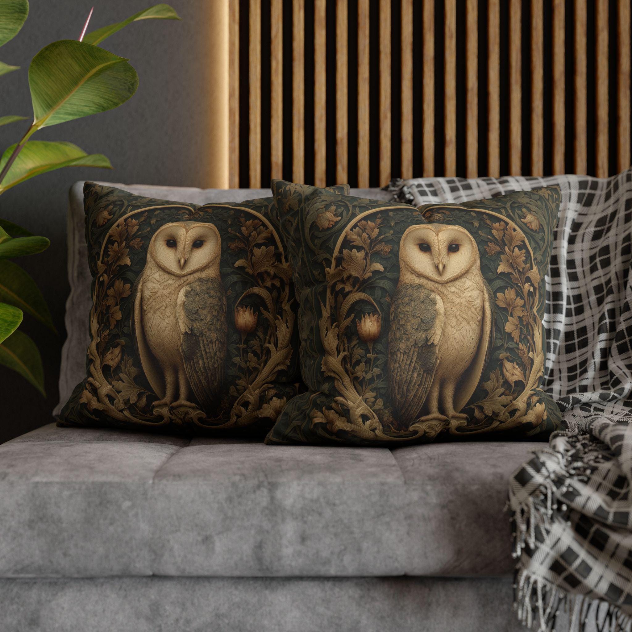William Morris Style Pillow Cover: Woodland Owl in Moss Green & Antique Gold