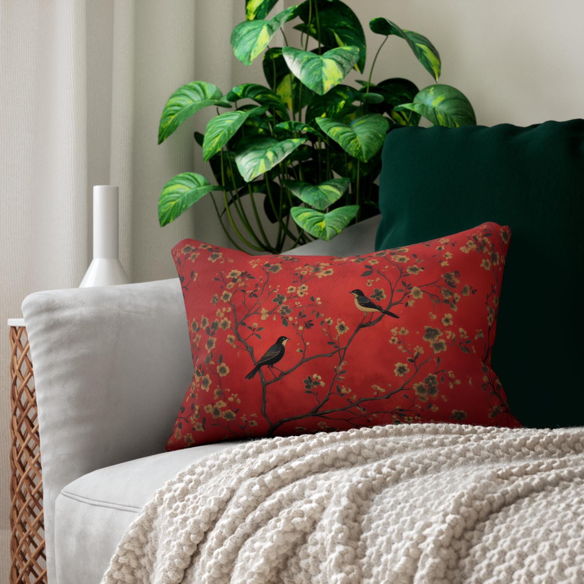 Elegant Chinoiserie Bird Lumbar Pillow: Vintage-Inspired Crimson, Black & Gold Floral Cushion Cover