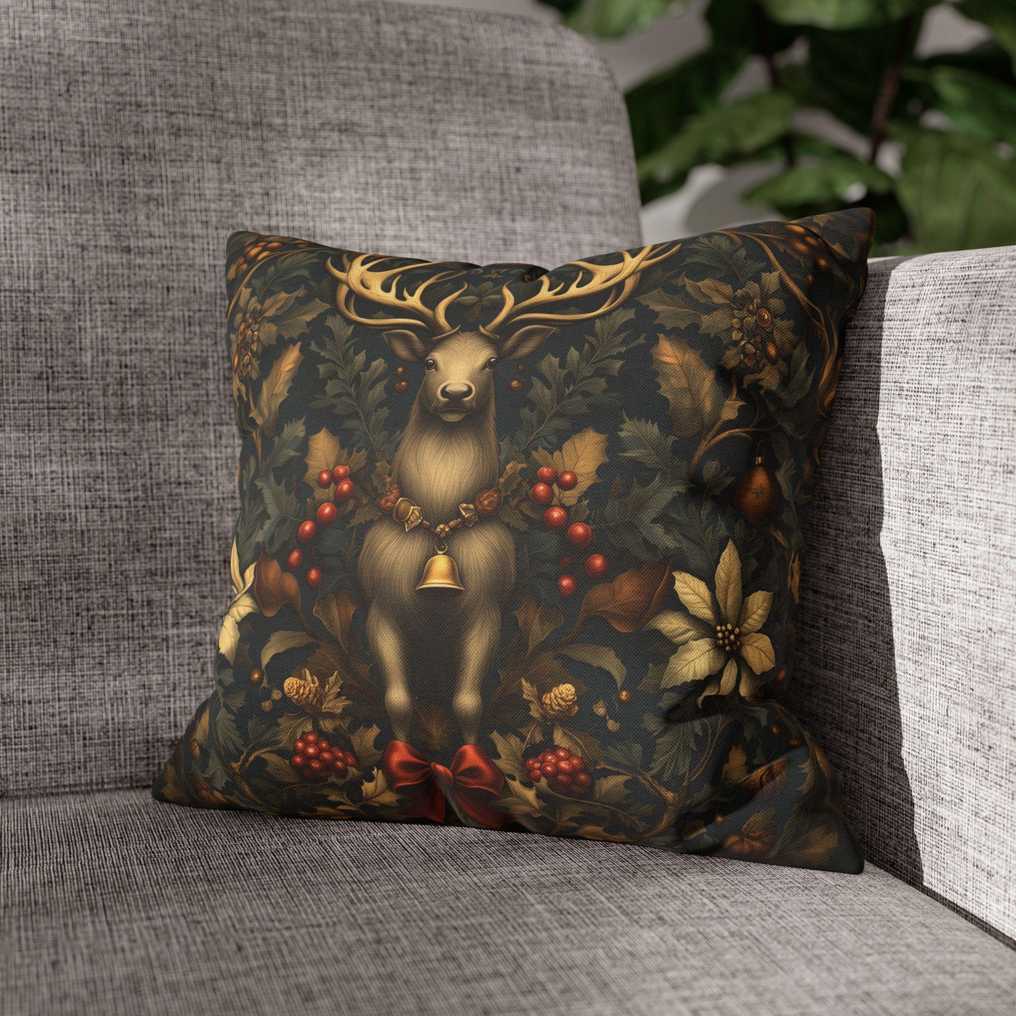 Reindeer Christmas Pillow Cover: William Morris Inspired Botanical Holiday Accent