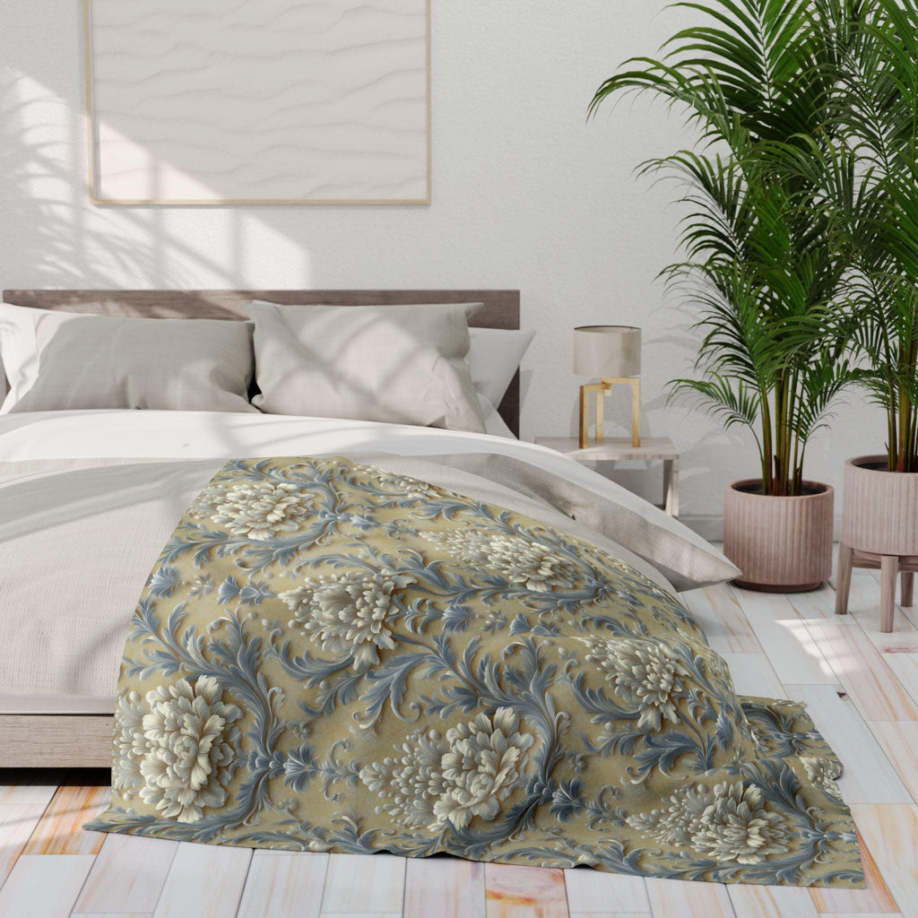 Damask Floral Fleece Throw Blanket: Elegant Pale Gold, Blue & Ivory