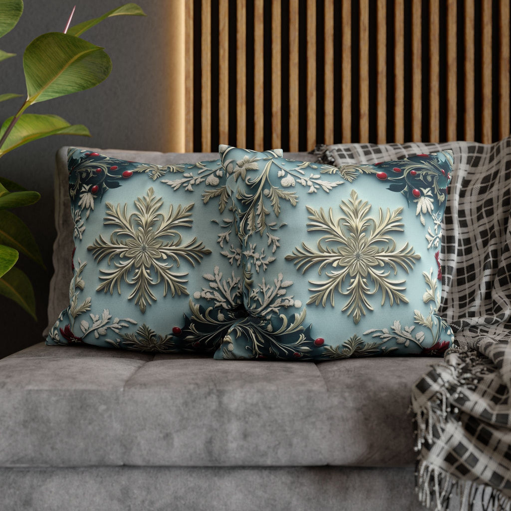 Blue Christmas Pillow Cover Elegant Chinoiserie Inspired Snowflake and Holly Design Light Blue Background