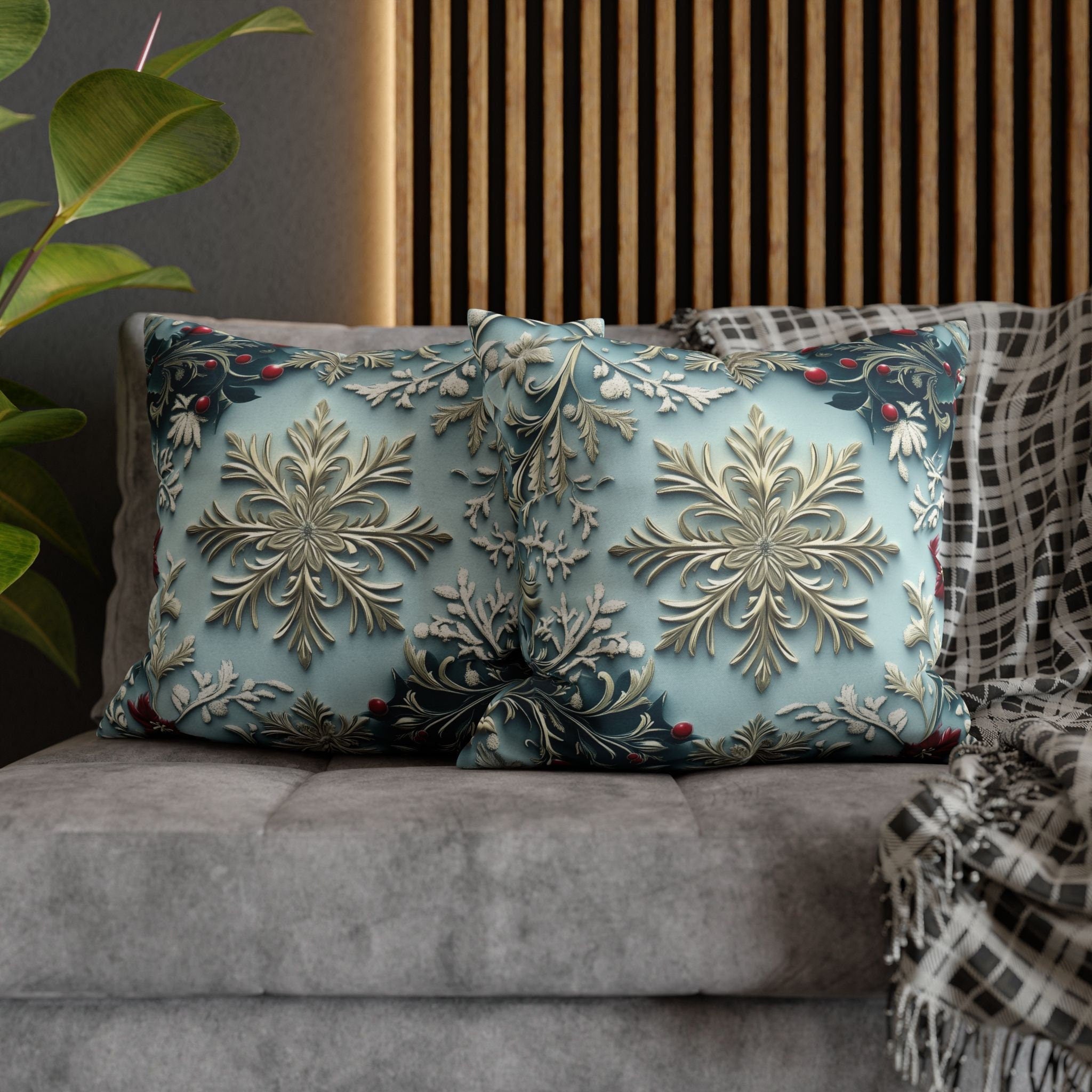 Blue Christmas Pillow Cover Elegant Chinoiserie Inspired Snowflake and Holly Design Light Blue Background