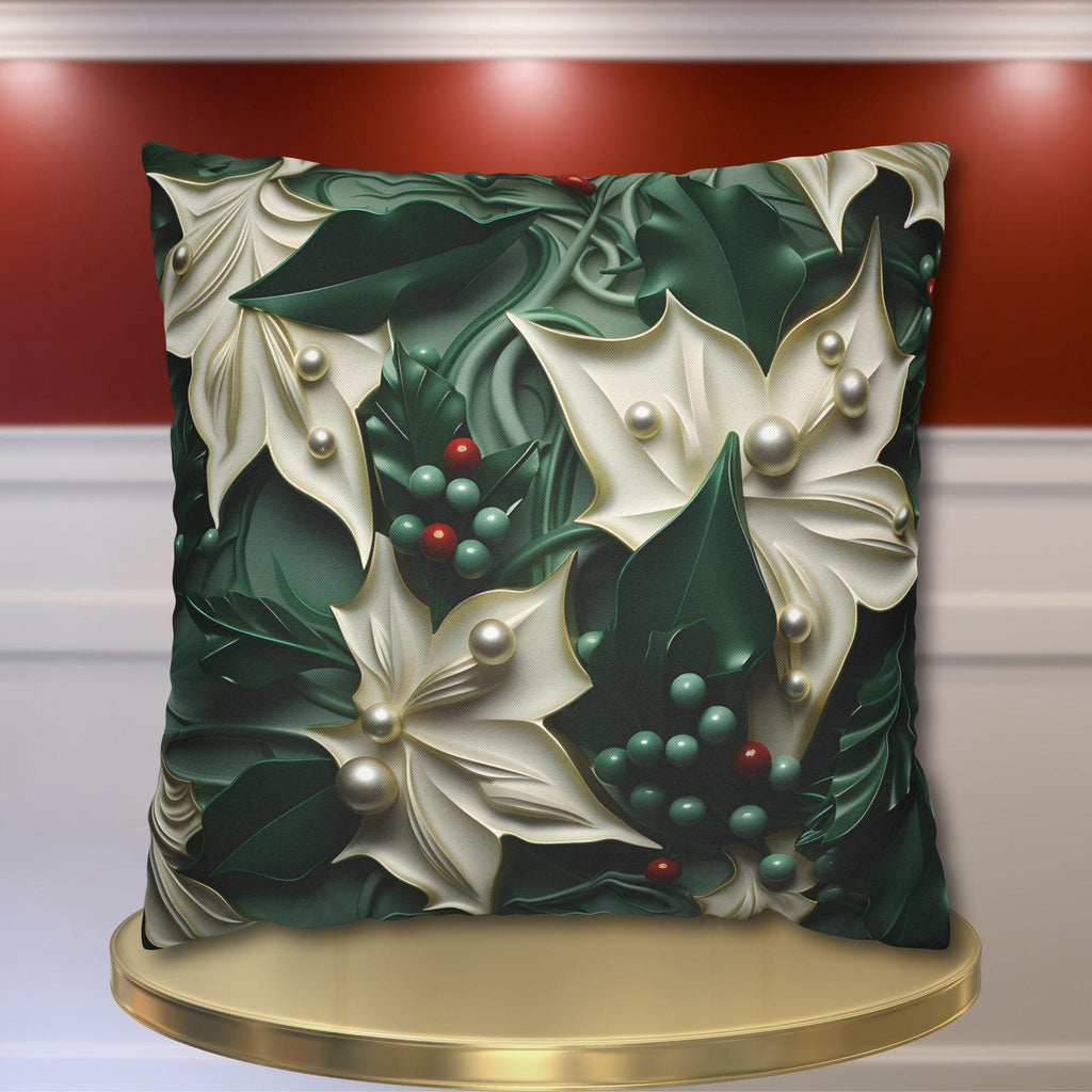 Elegant Holly Leaves & Berries Pillow Cover: Winter Emerald Green Decor with Smooth Design