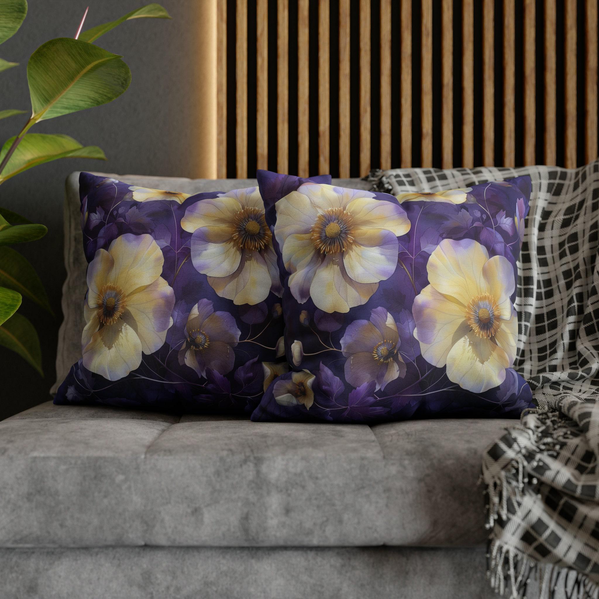 Floral Pillow Cover, Cream Yellow Pansies, Purple Botanical Print
