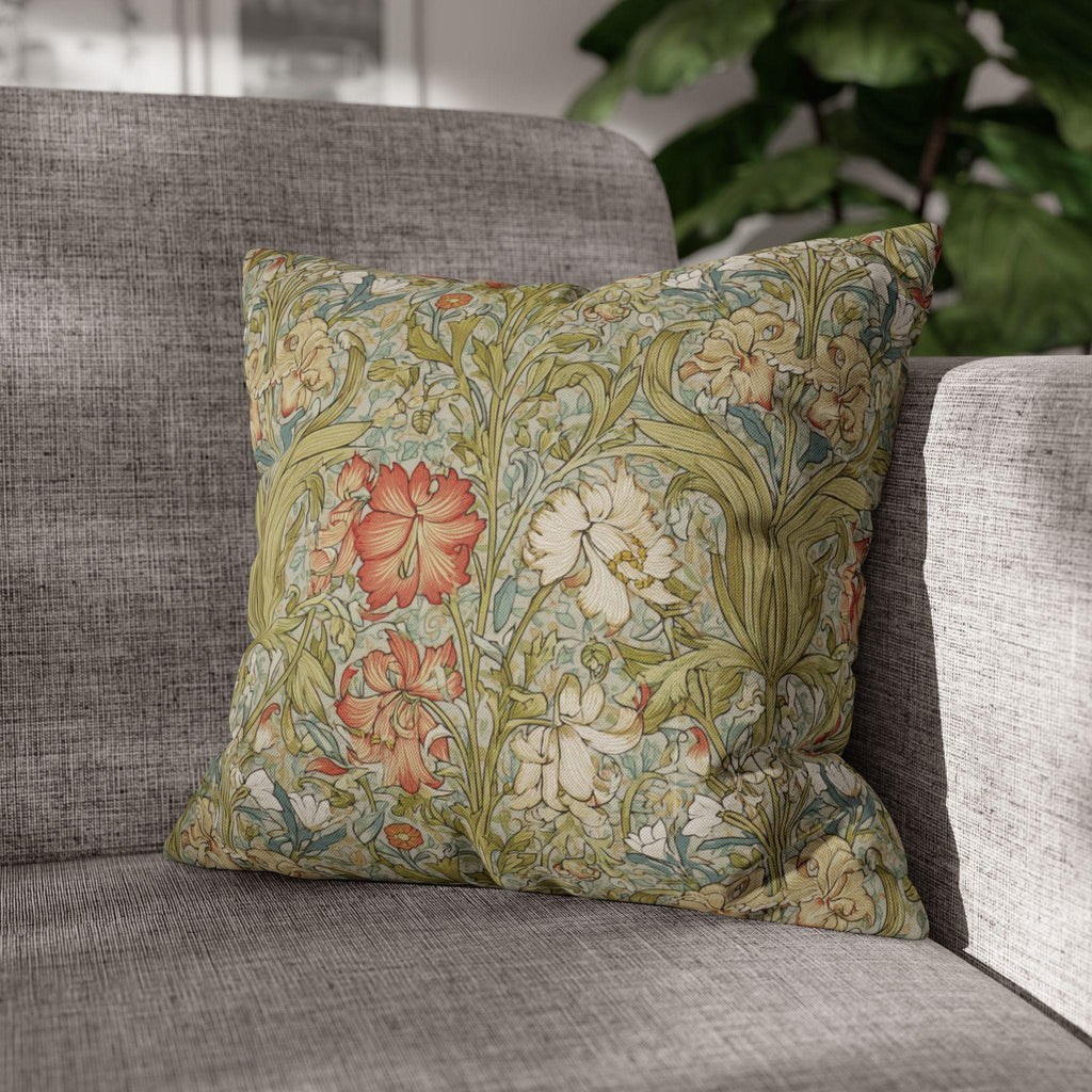 William Morris Style Pillow Cover: Soft Sage, Coral and Ivory Botanical Floral