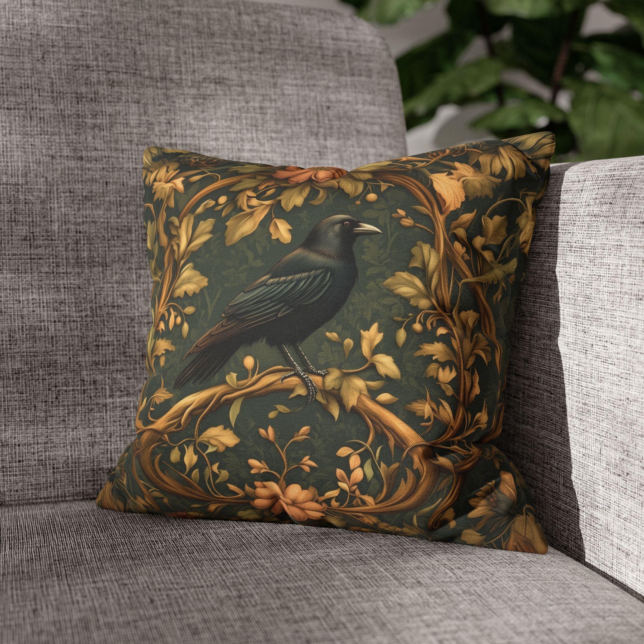 Autumn Crow Pillow Cover: Moody Botanical Fall & Halloween Decor