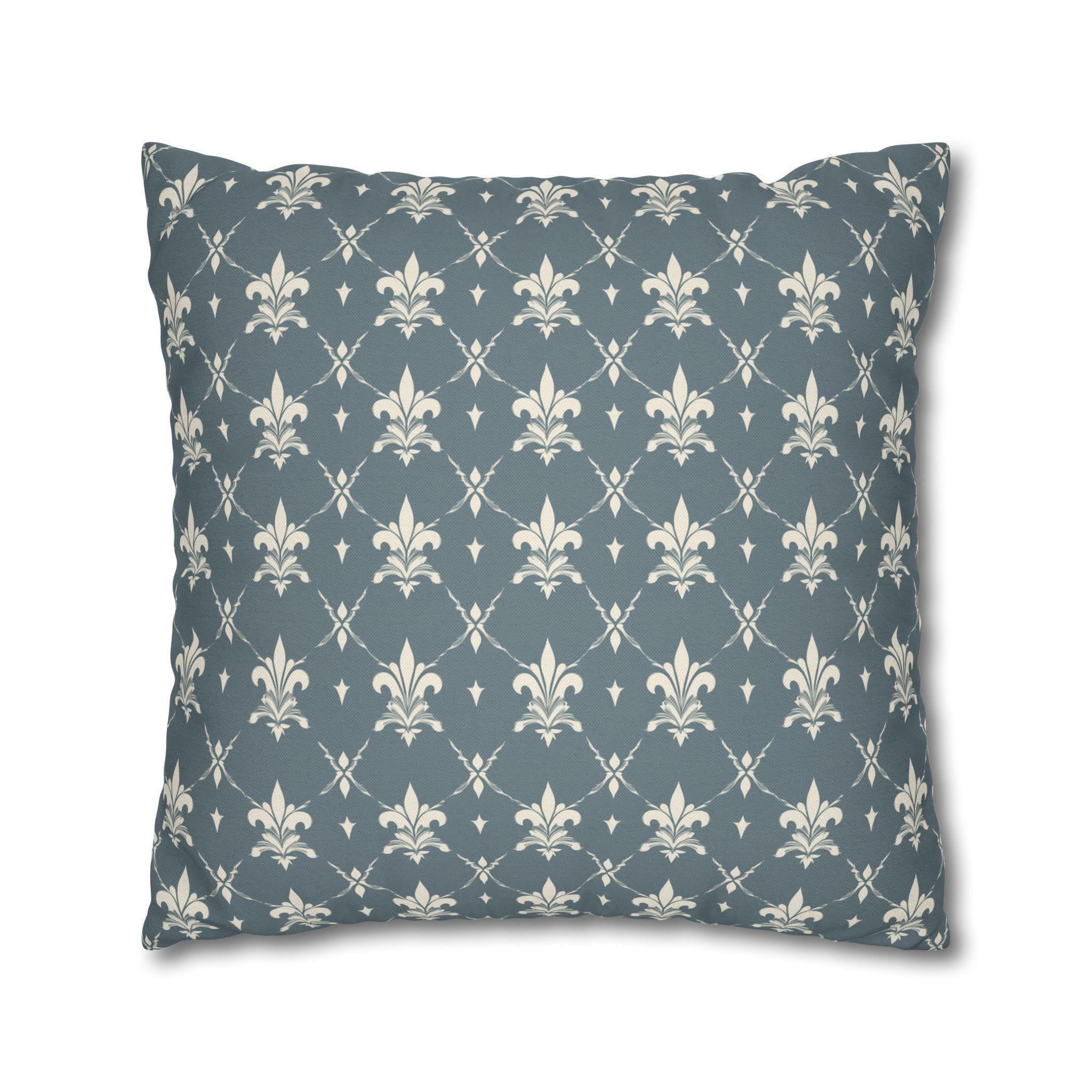Elegant Fleur de Lis Pillow Cover: French Chateau Diamond Lattice Pattern in Soft Blue-Gray