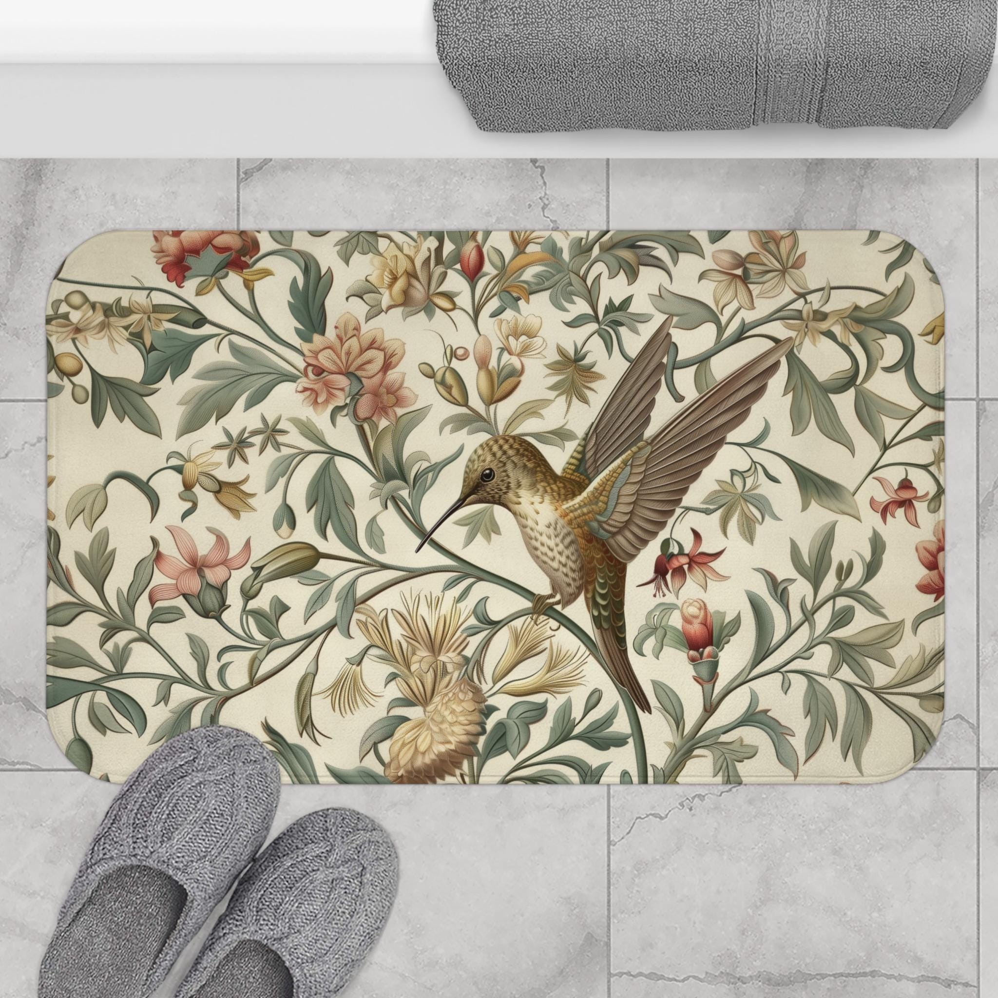 William Morris Hummingbird Bath Mat: Vintage Style Botanical Bathroom Decor
