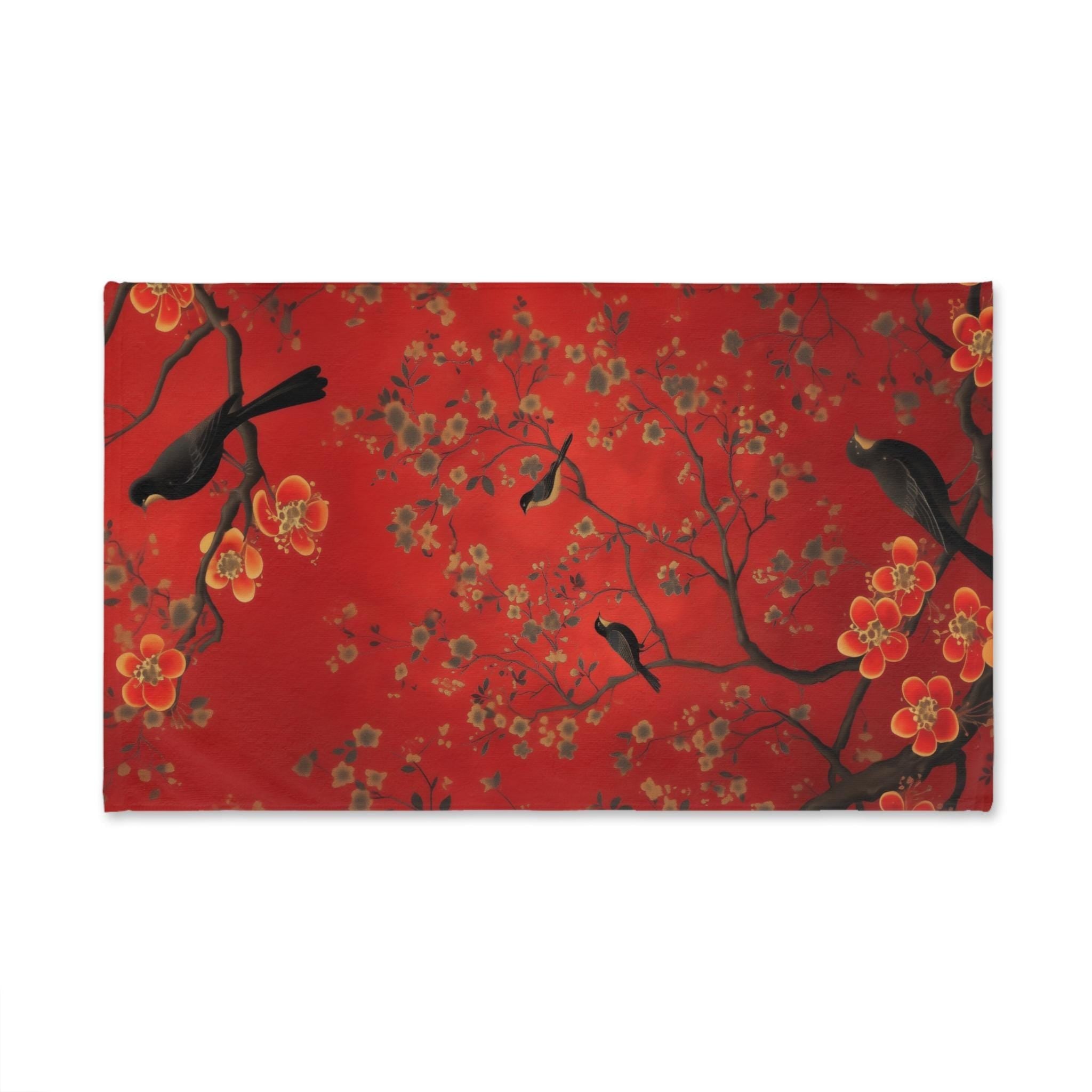 Chinoiserie Hand Towel: Red Floral Bird Art, Asian Decor