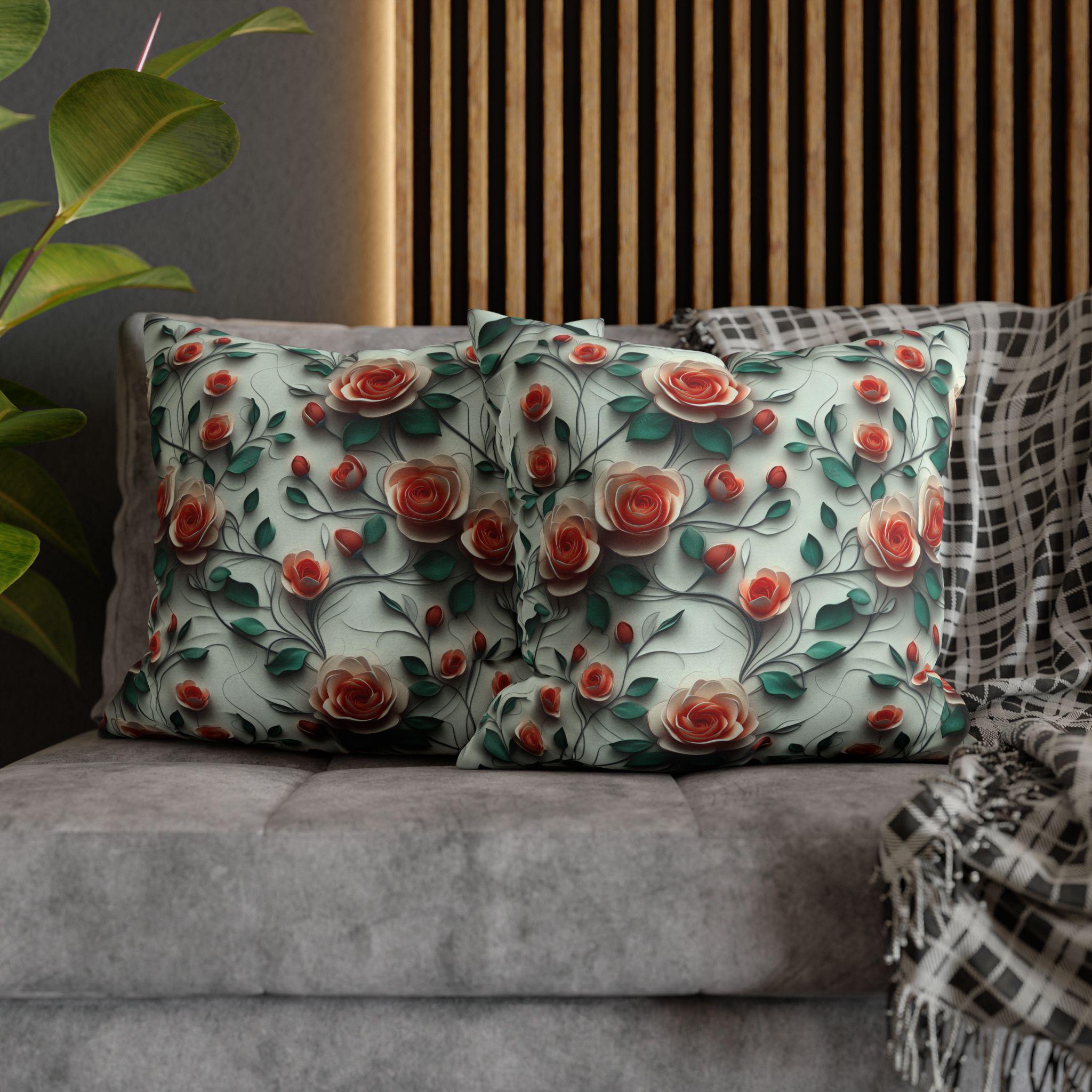 Elegant Floral Rose Square Pillowcase: Romantic Red Coral Design for Home Decor, Wedding Gift