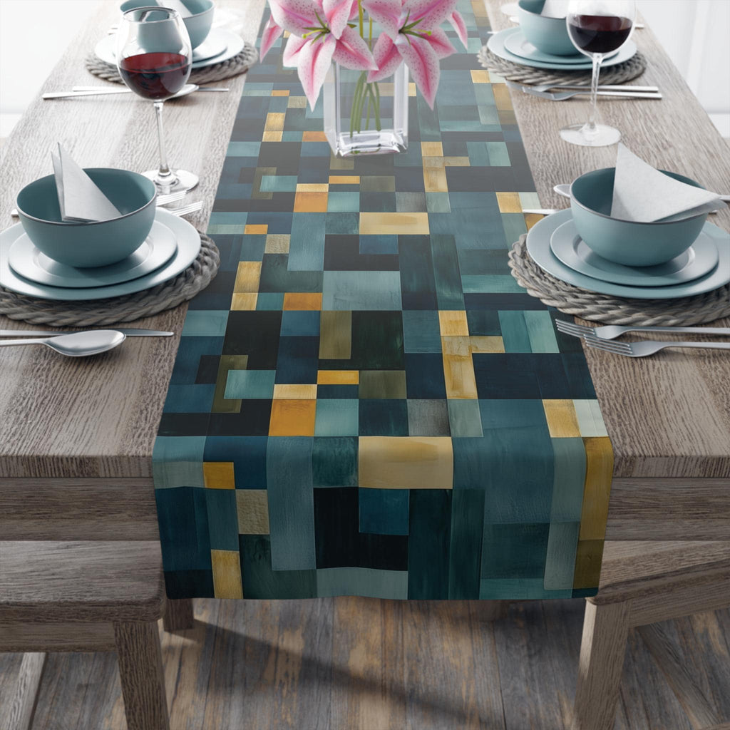 Geometric Abstract Table Runner: Blue and Earth Tones, Modern Rustic Decor, Hand-painted Effect