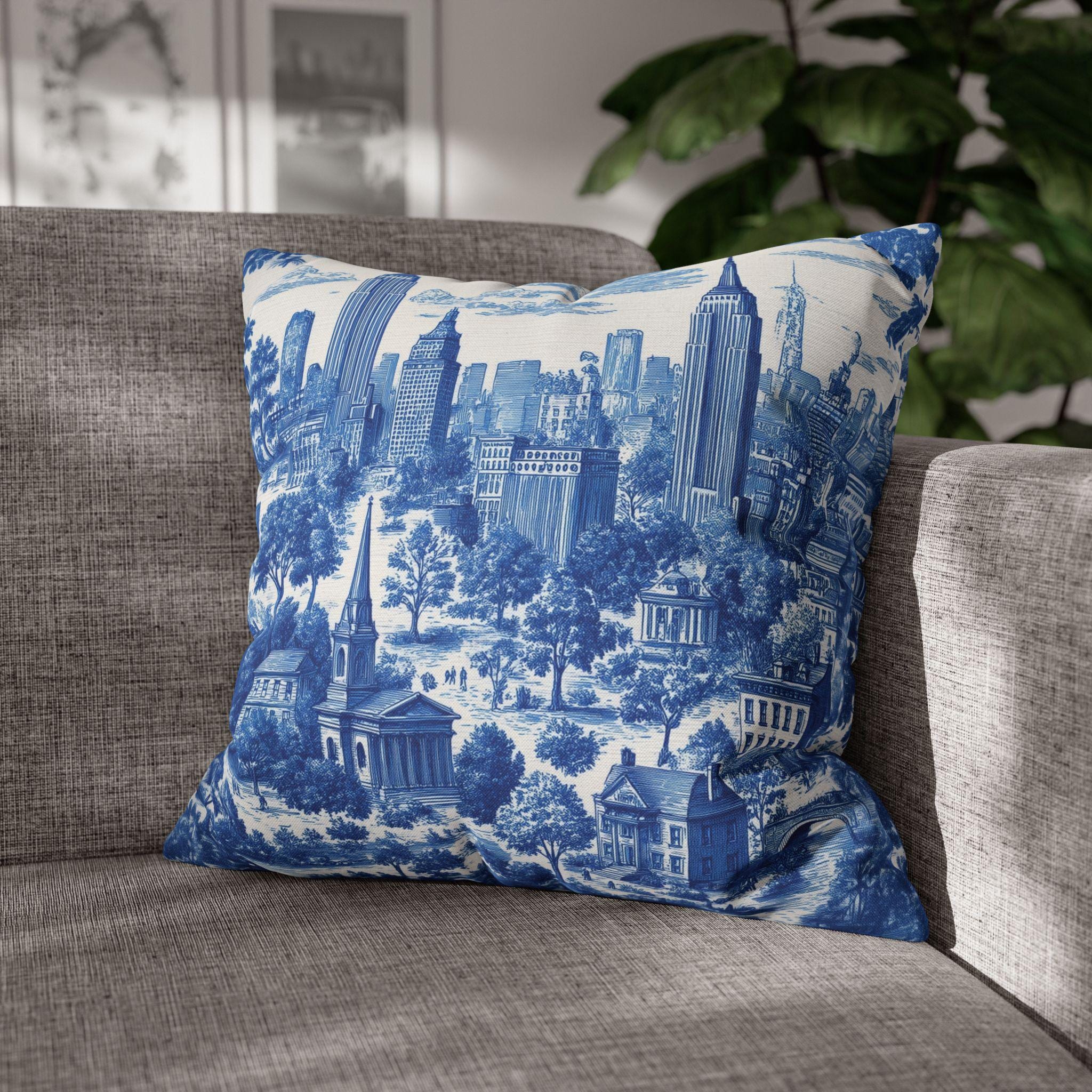 NYC Toile Pillow Cover: Blue & White French Country Urban Design