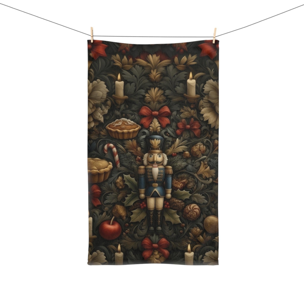 William Morris Christmas Nutcracker Tea Towel: Charcoal Red & Gold Holiday Botanical Kitchen Decor