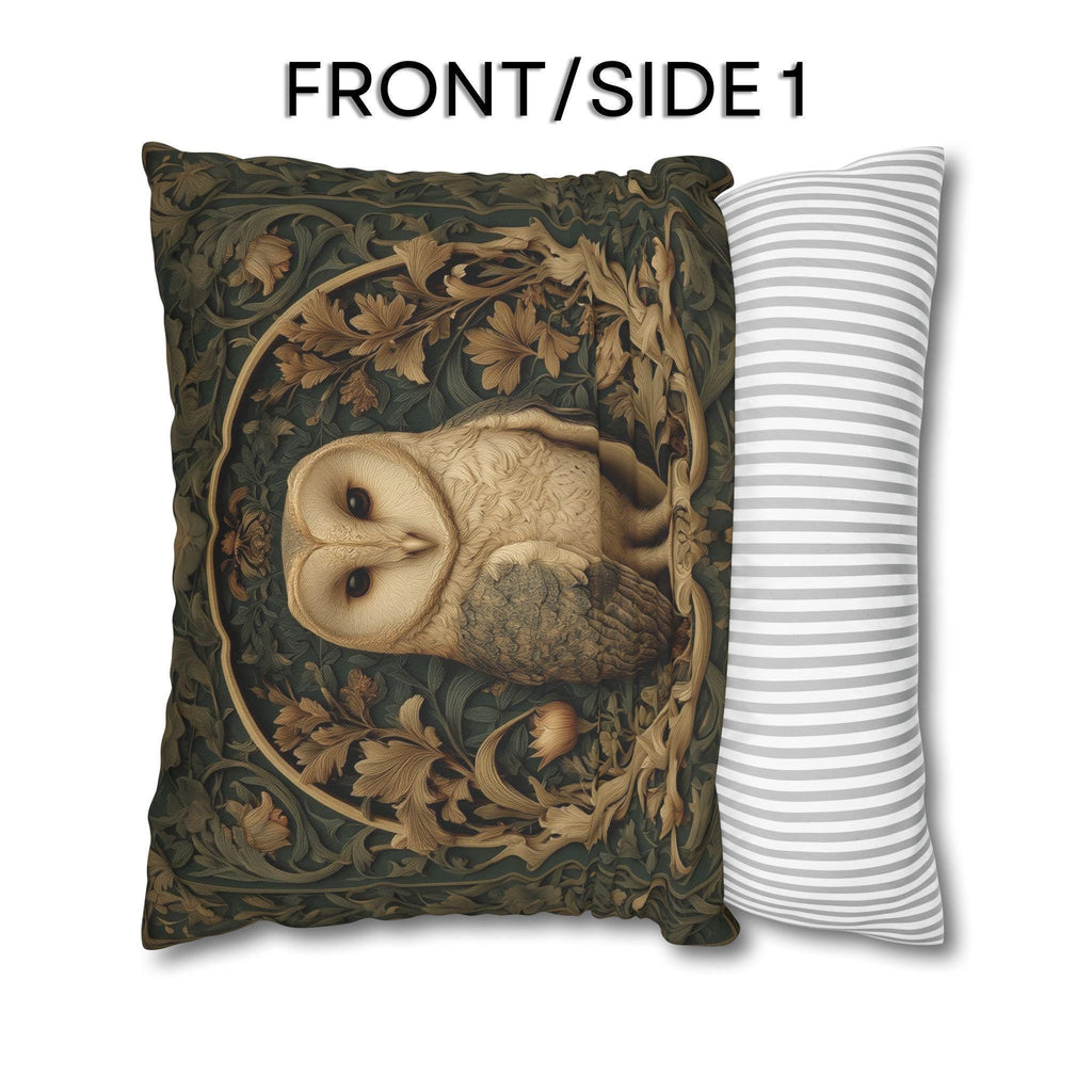 William Morris Style Pillow Cover: Woodland Owl in Moss Green & Antique Gold