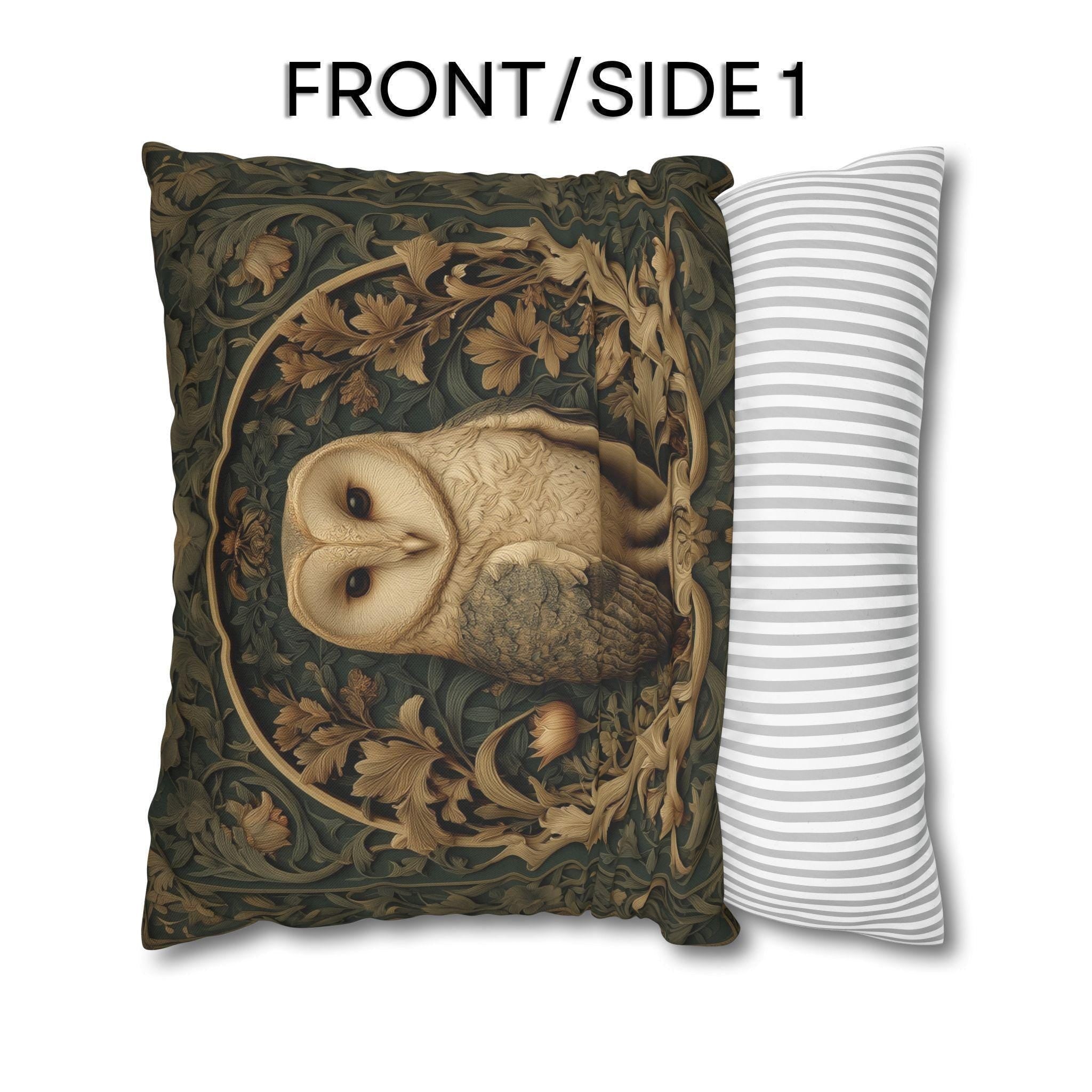 William Morris Style Pillow Cover: Woodland Owl in Moss Green & Antique Gold