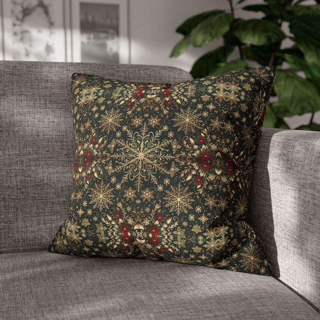 Elegant Gold Snowflake Poinsettia Square Pillow Cover: Holiday Tapestry Pattern for Christmas Home Decor