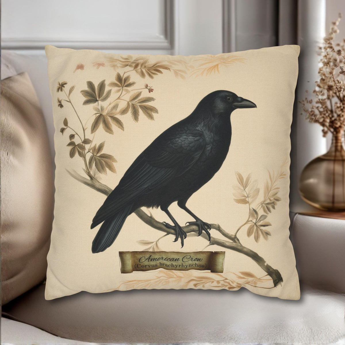 Halloween Crow Pillow Cover: Vintage Style Scientific Bird Illustration