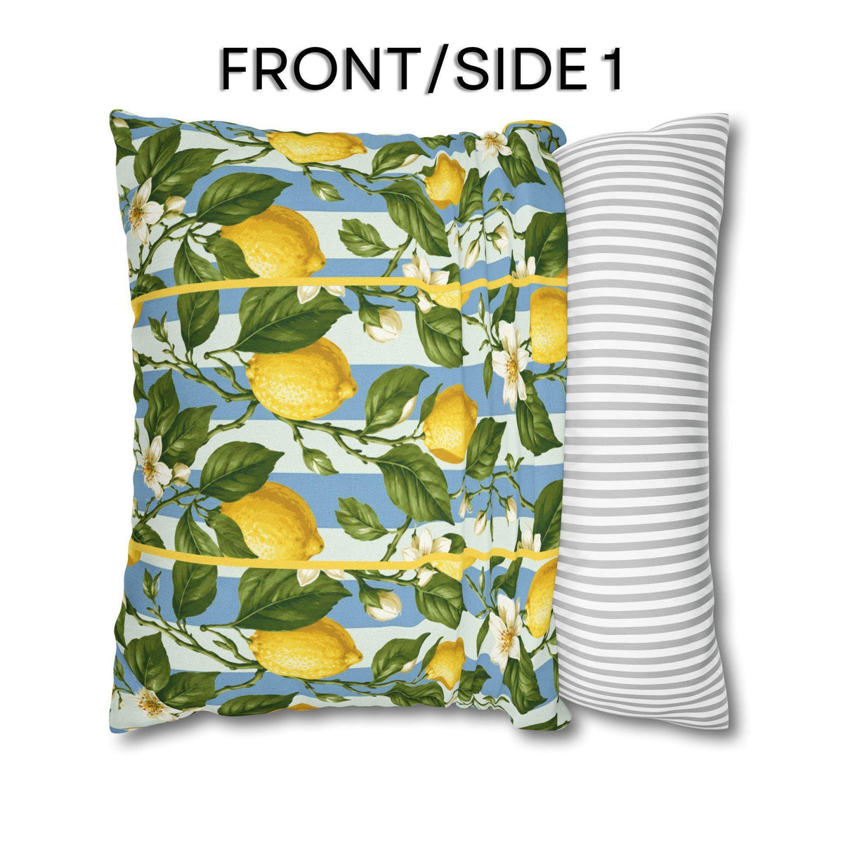 Lemon Soft Blue Stripe Pillow Cover: with Green Leaves and White Florals