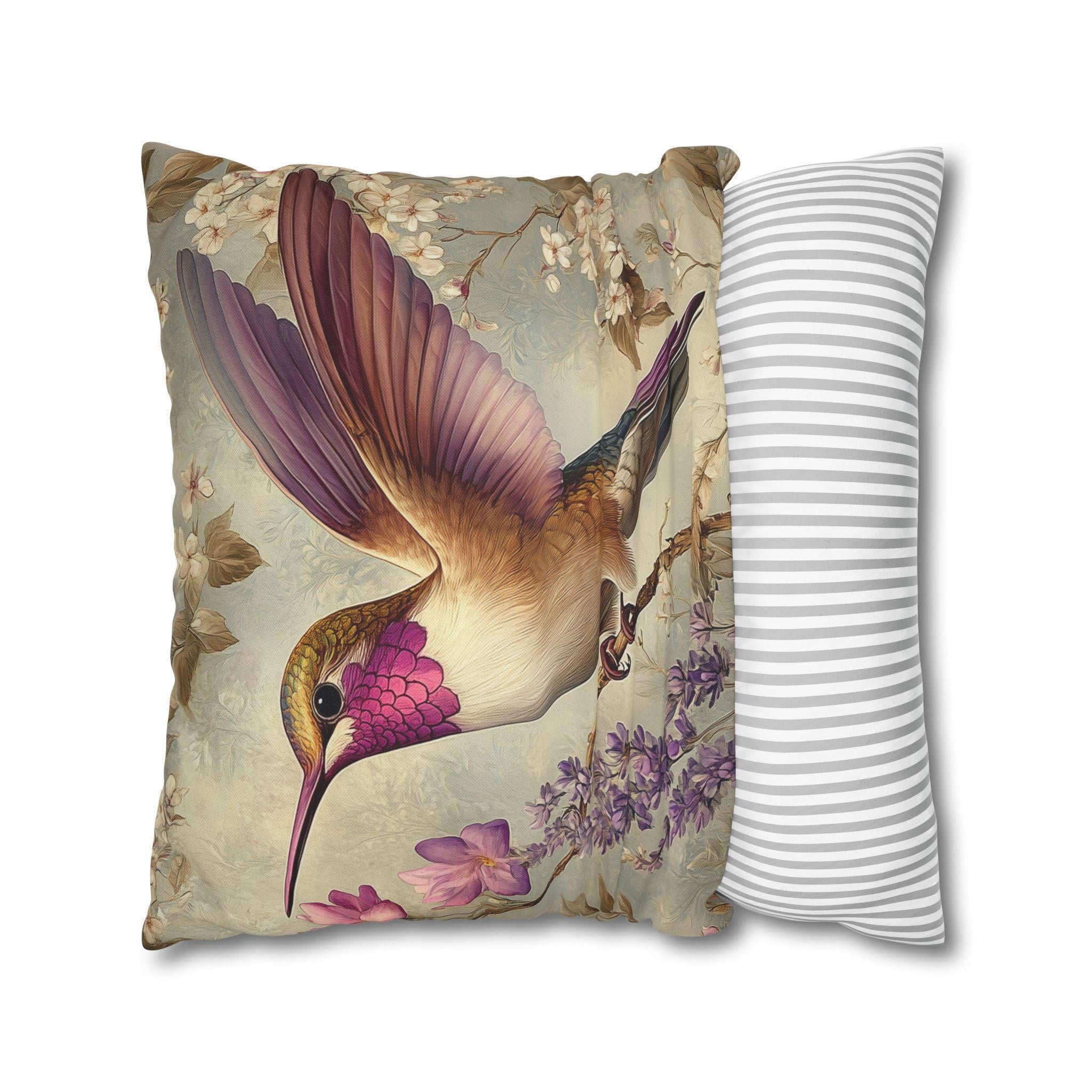 Vintage Style William Morris Inspired Hummingbird Pillow Cover: Elegant Botanical Lavender Bloom Garden Cushion