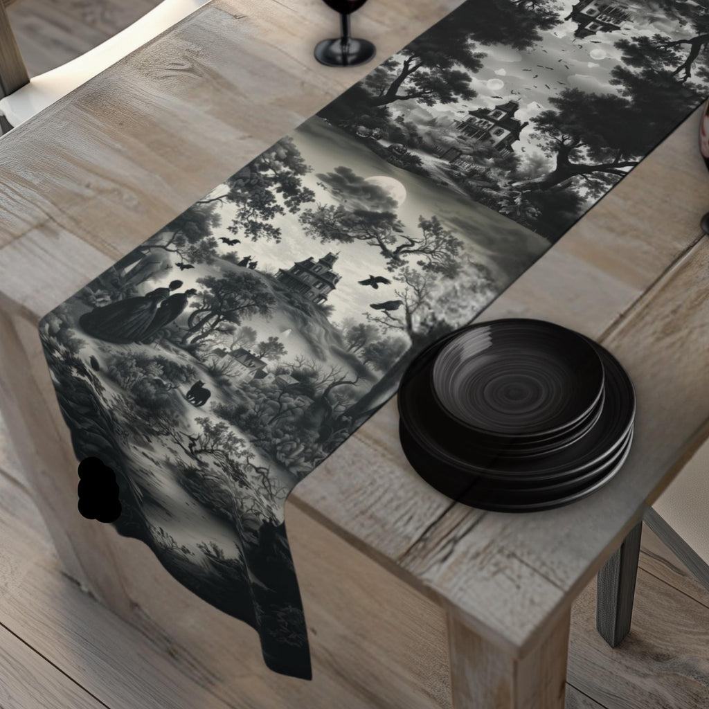 Halloween Toile Table Runner: Haunted House, Crows, and Black Cat in Monochrome