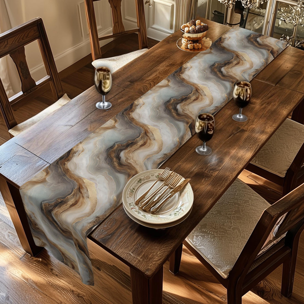 Modern Abstract Table Runner: Brown Marble Look with Gold Color Accents