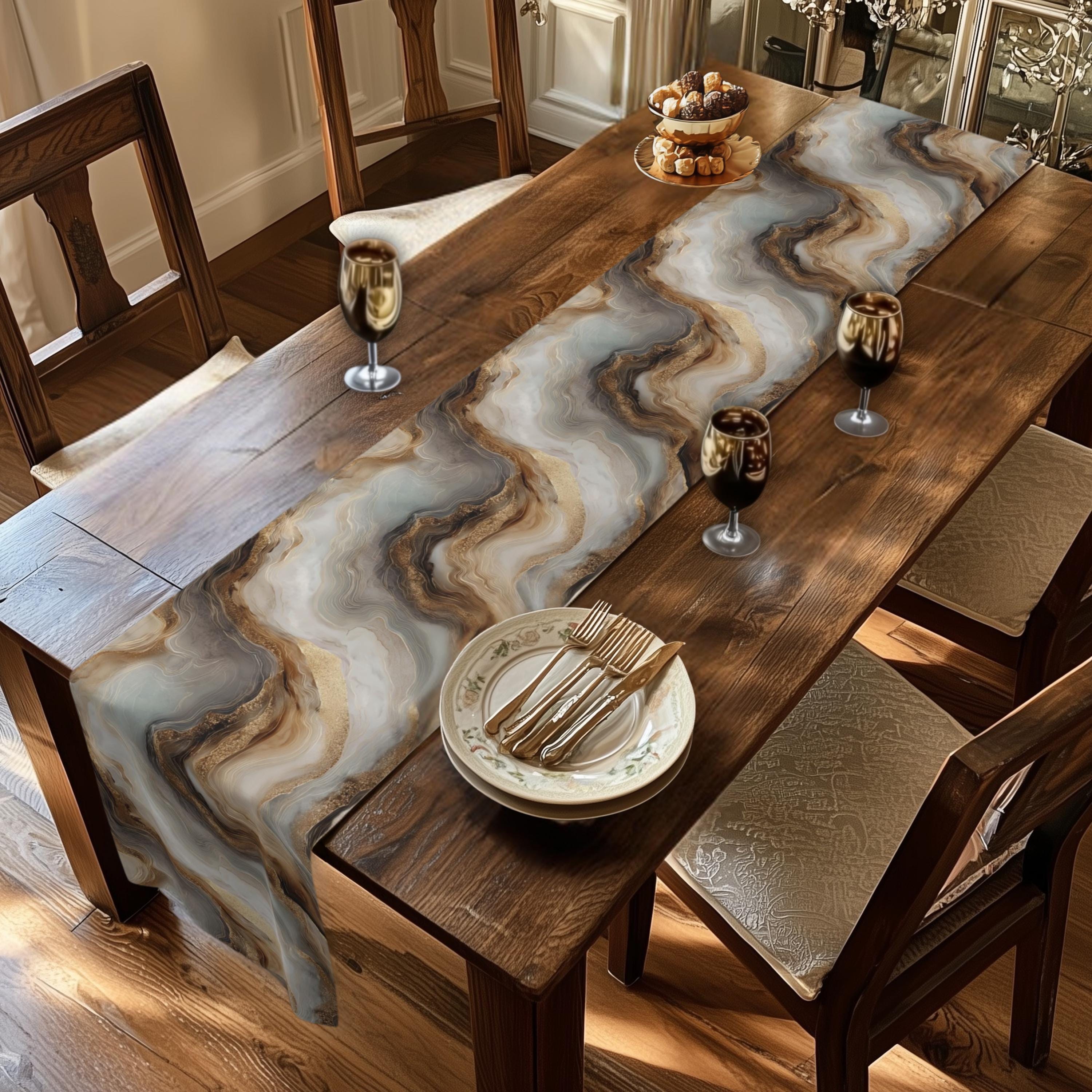 Modern Abstract Table Runner: Brown Marble Look with Gold Color Accents