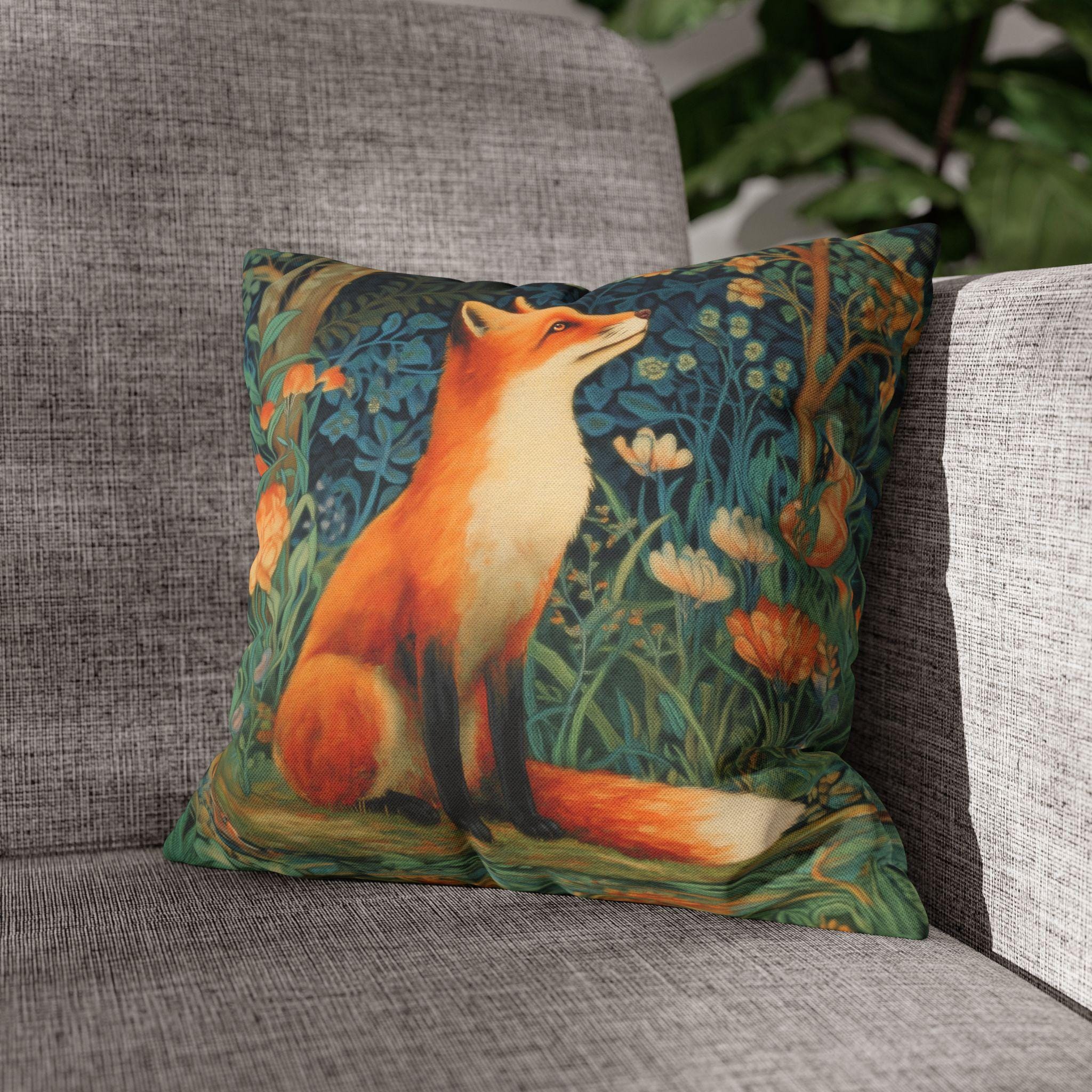 Morris-Inspired Red Fox Botanical Pillow Cover: Vintage Style Moody Woodland Blooms