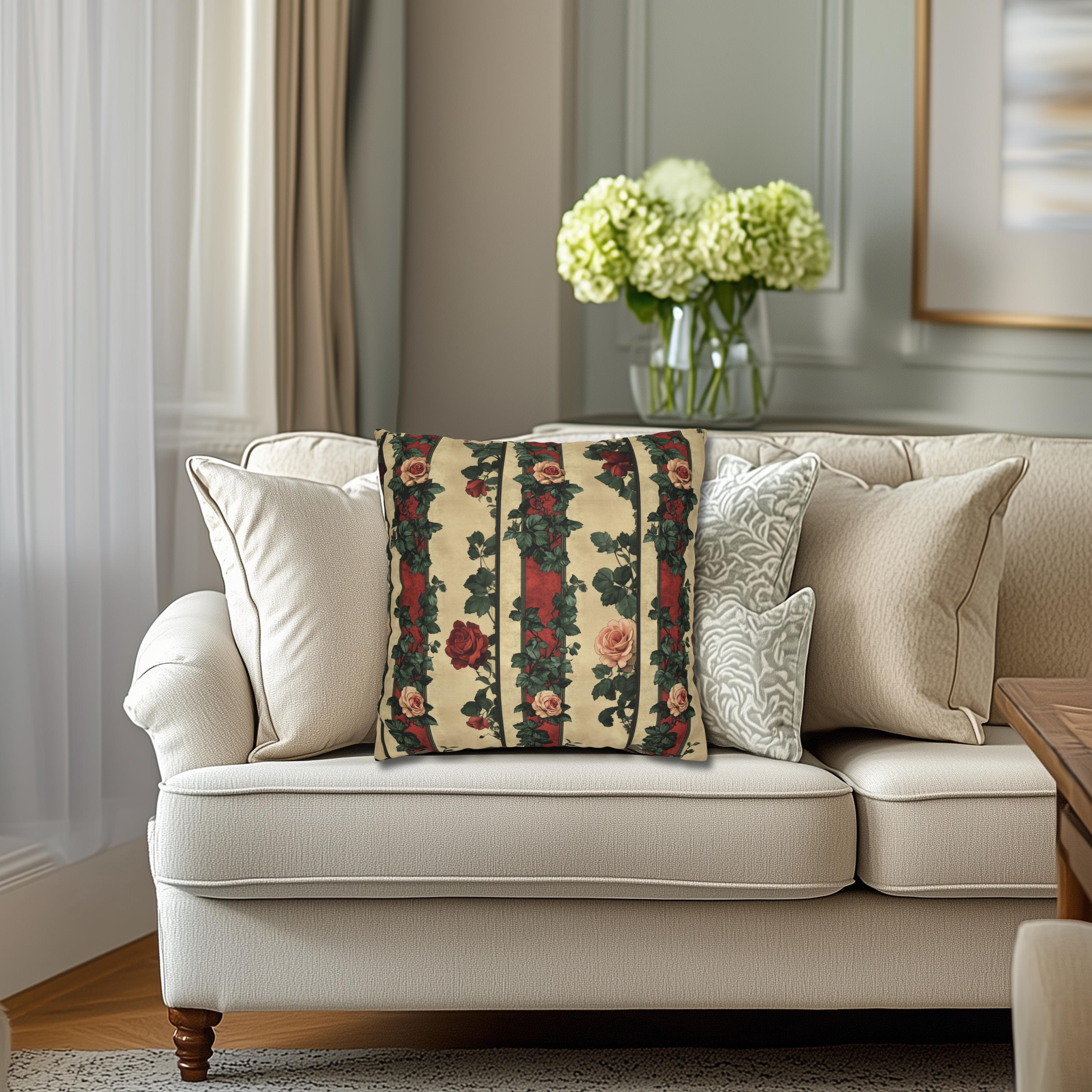 Roses & Stripes Throw Pillow Cover: Vintage Style Romantic Cottagecore Floral