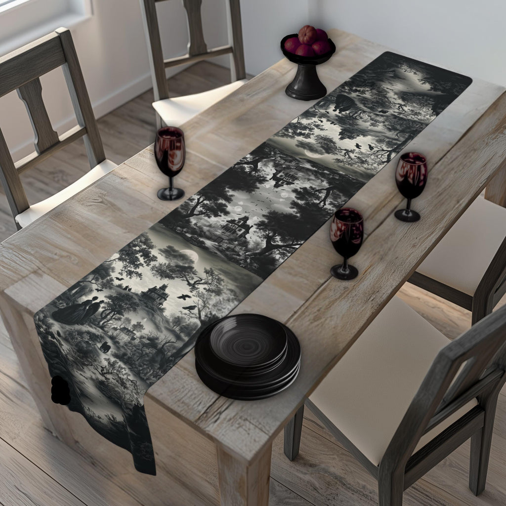Halloween Toile Table Runner: Haunted House, Crows, and Black Cat in Monochrome