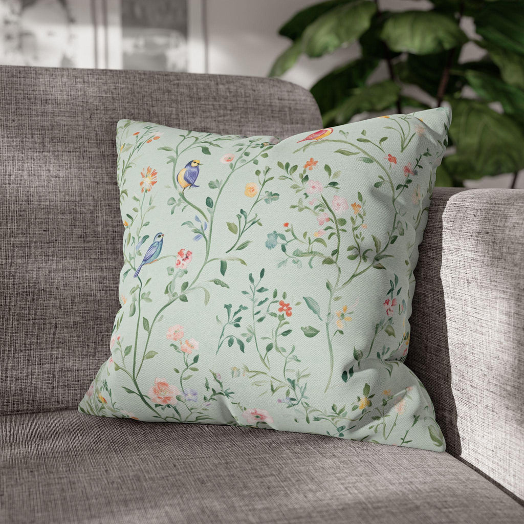 Chinoiserie Bird Cushion Cover: Mint Green Floral Pillow for Whimsical Garden-Inspired Home Decor