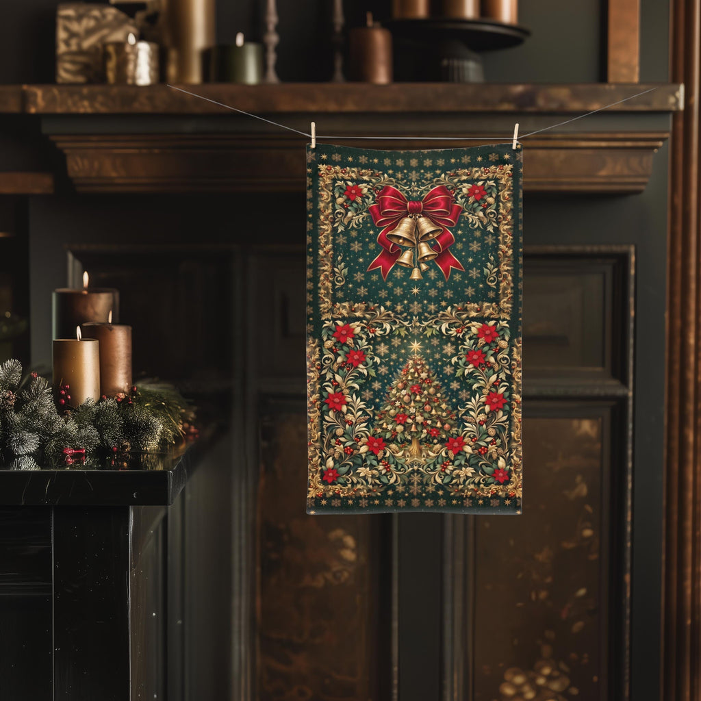 William Morris Christmas Hand Towel: Vintage Style Emerald Green Poinsettia, Golden Snowflake