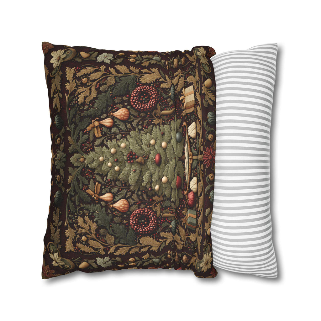William Morris Christmas Tree Pillow Cover: Burgundy Holiday Tapestry Look