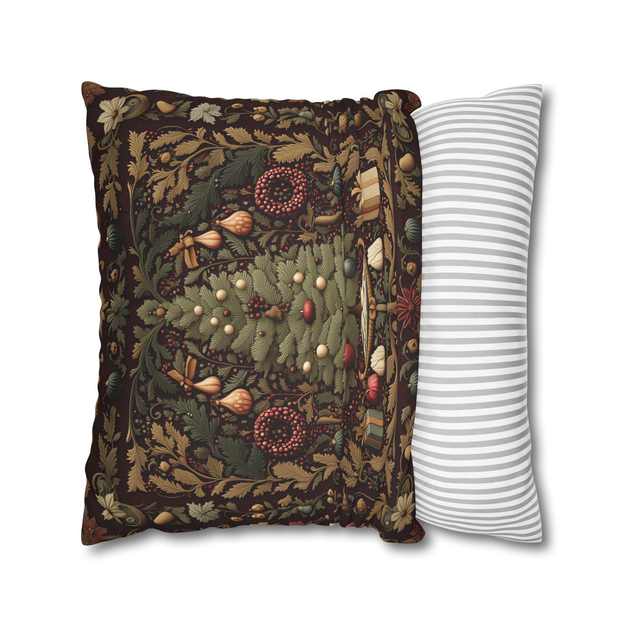 William Morris Christmas Tree Pillow Cover: Burgundy Holiday Tapestry Look