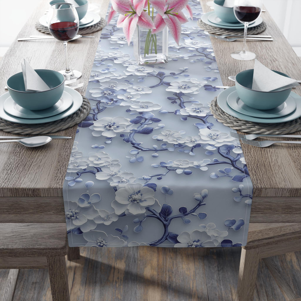 Chinoiserie Table Runner | Blue & White Cherry Blossoms | Elegant Floral Design