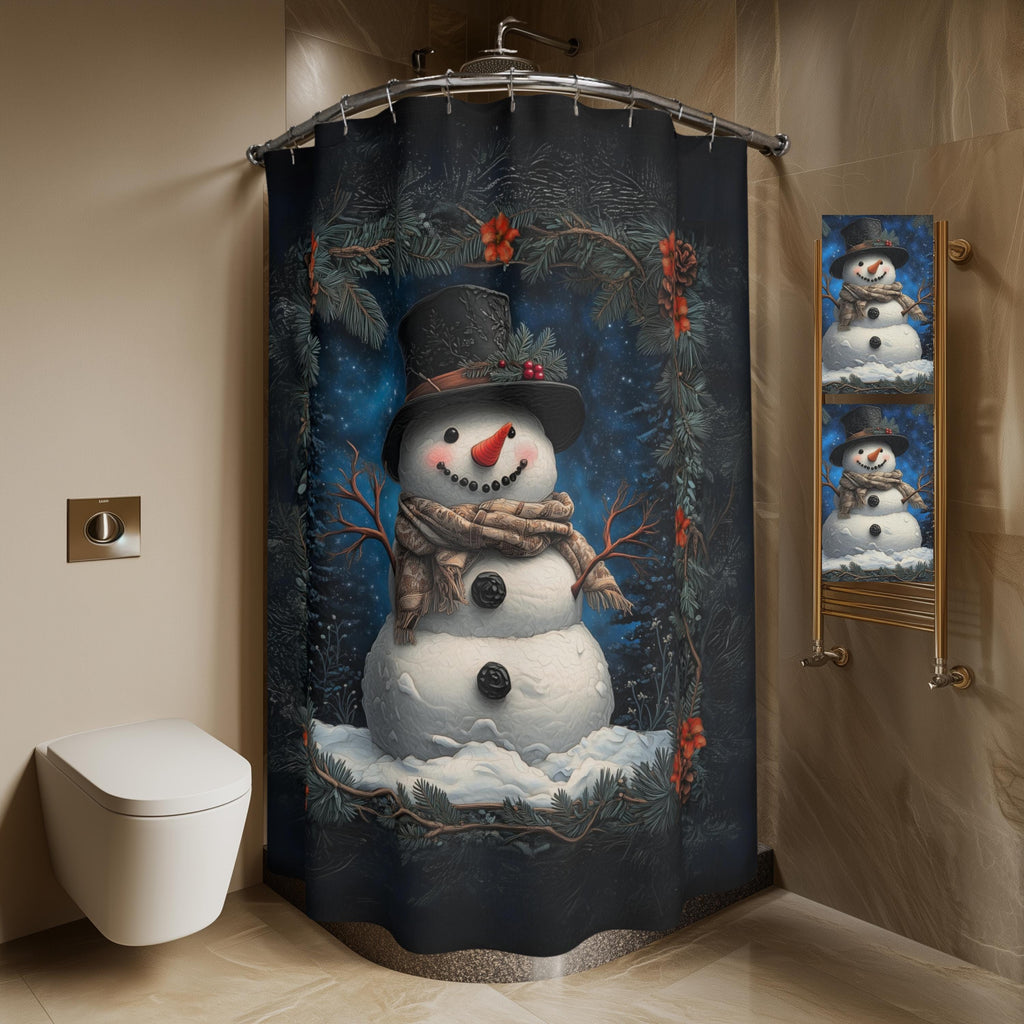 William Morris Inspired Snowman Shower Curtain: Christmas Winter Bath Decor