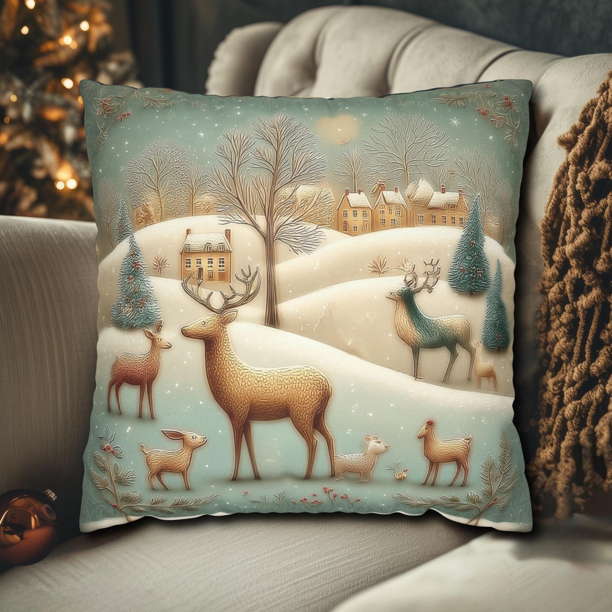 Whimsical Woodland Christmas Pillow Cover: Storybook Deer & Snowy Village