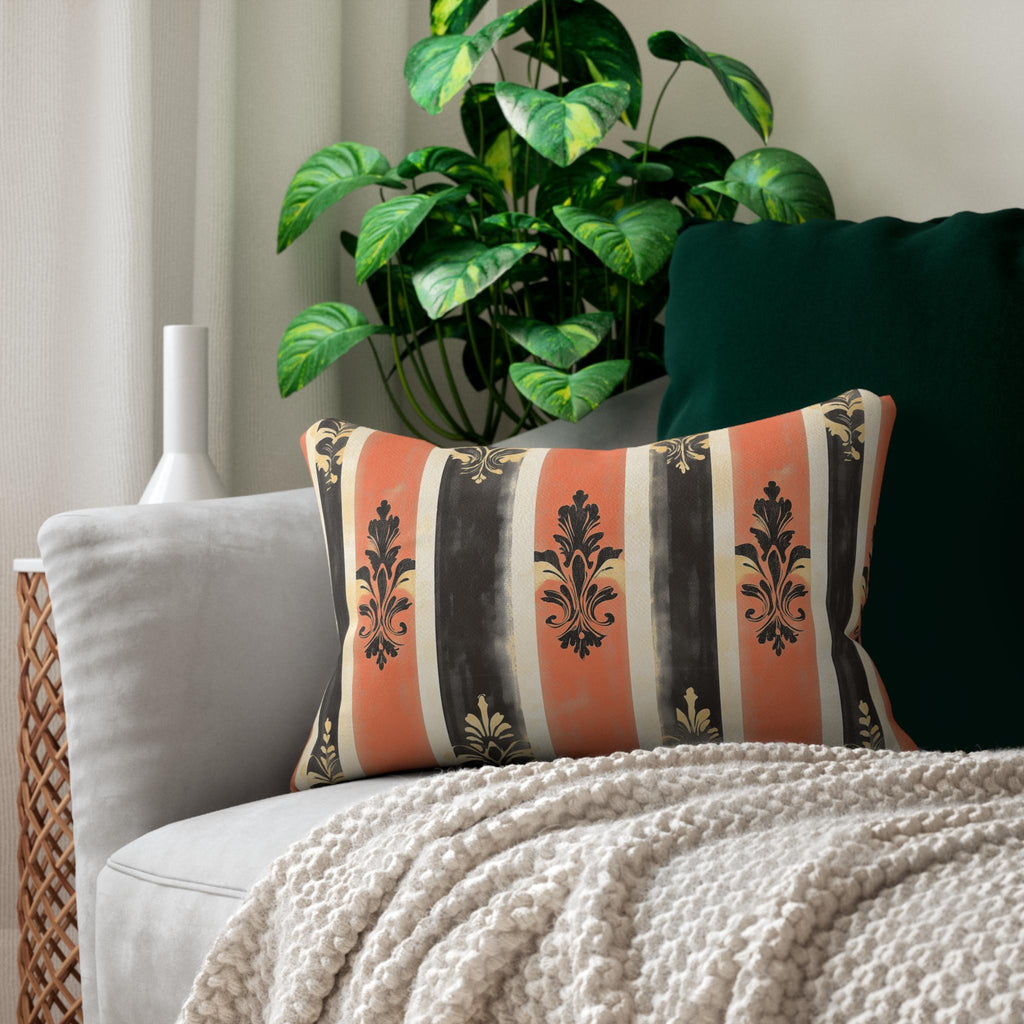 Elegant American Farmhouse Lumbar Pillow: Patriotic Stripes with Gold Damask Floral Motifs