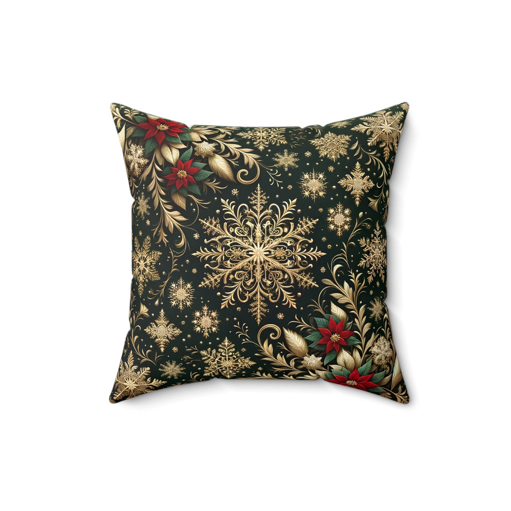 Elegant Poinsettia Christmas Throw Pillow: Golden Snowflakes & Emerald Festive Holiday Home Decor Accent