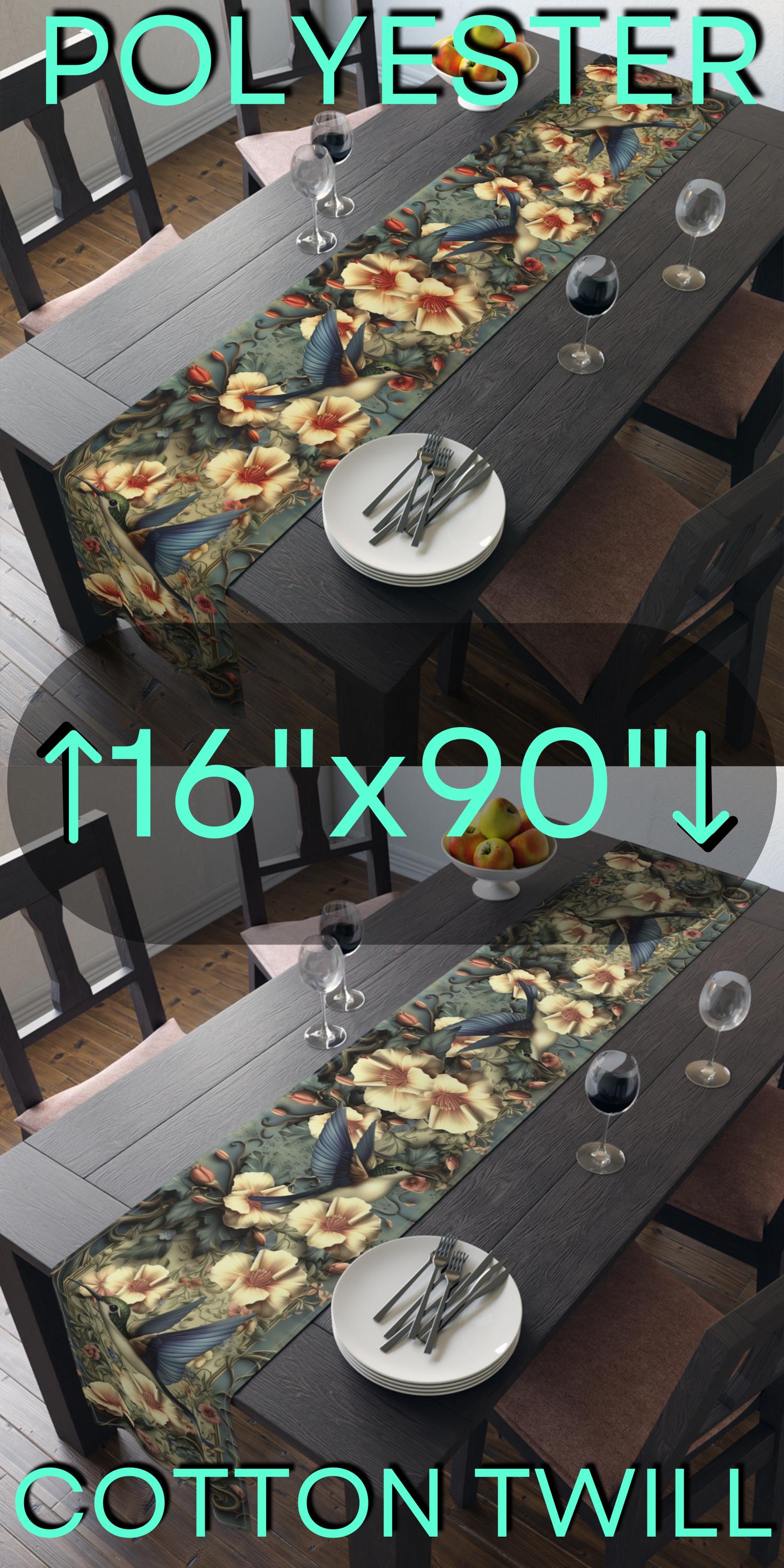Vintage-Inspired Hummingbird Floral Table Runner: William Morris Tapestry Design for Elegant Garden Decor