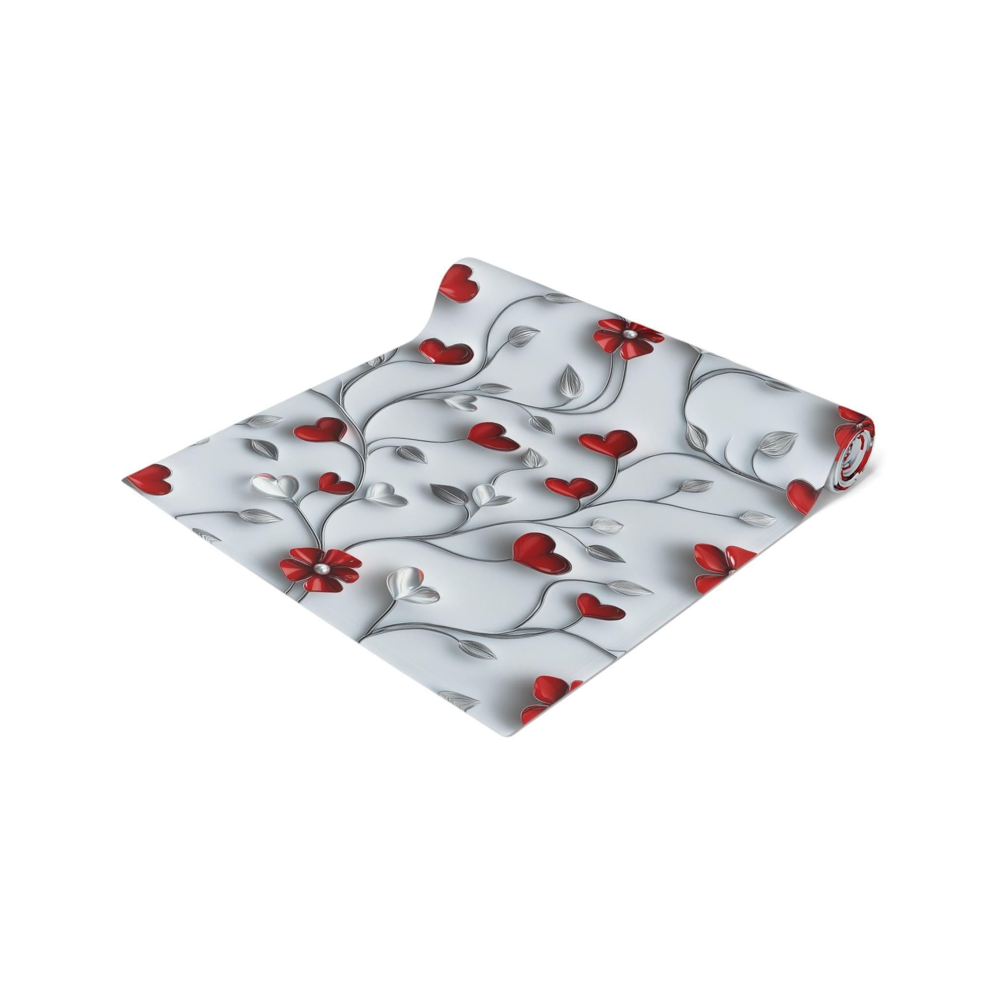 Table Runner: Romantic Red Flowers and Silver Vines