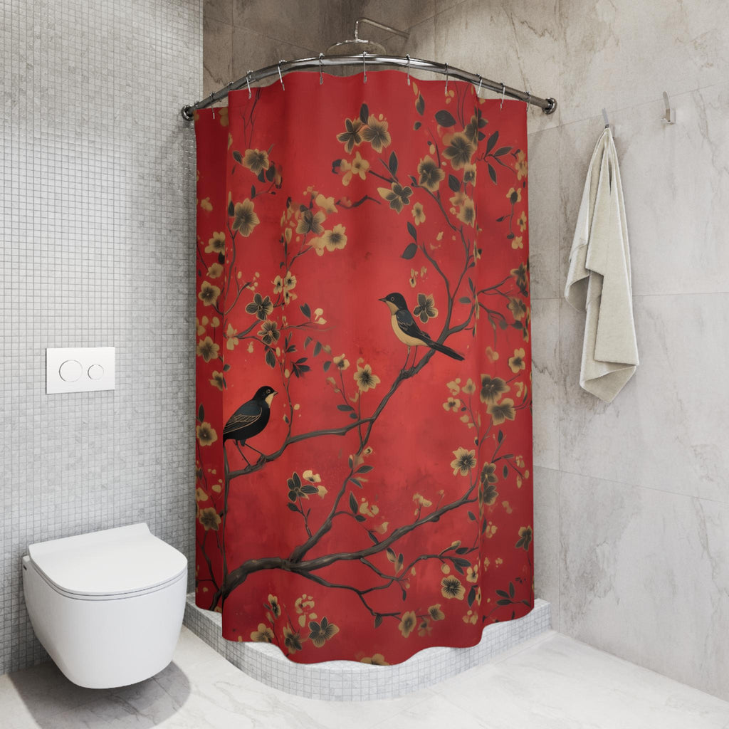 Elegant Chinoiserie Shower Curtain: Red Floral with Black Birds, Asian-Inspired Bathroom Decor