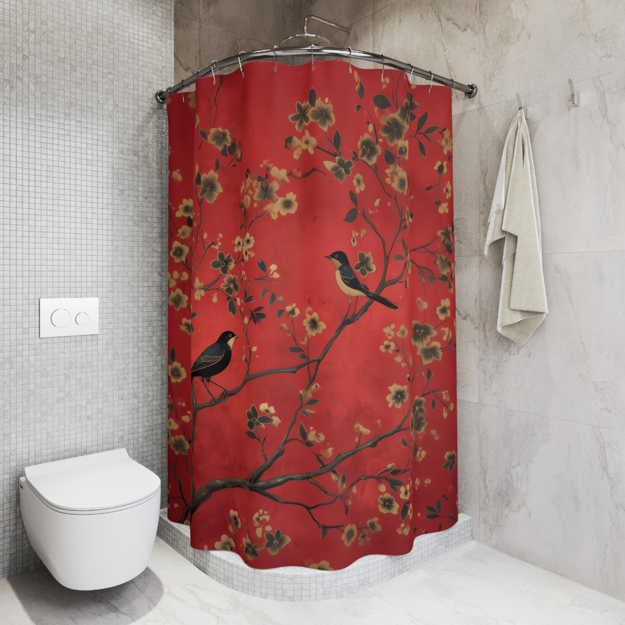 Elegant Chinoiserie Shower Curtain: Red Floral with Black Birds, Asian-Inspired Bathroom Decor