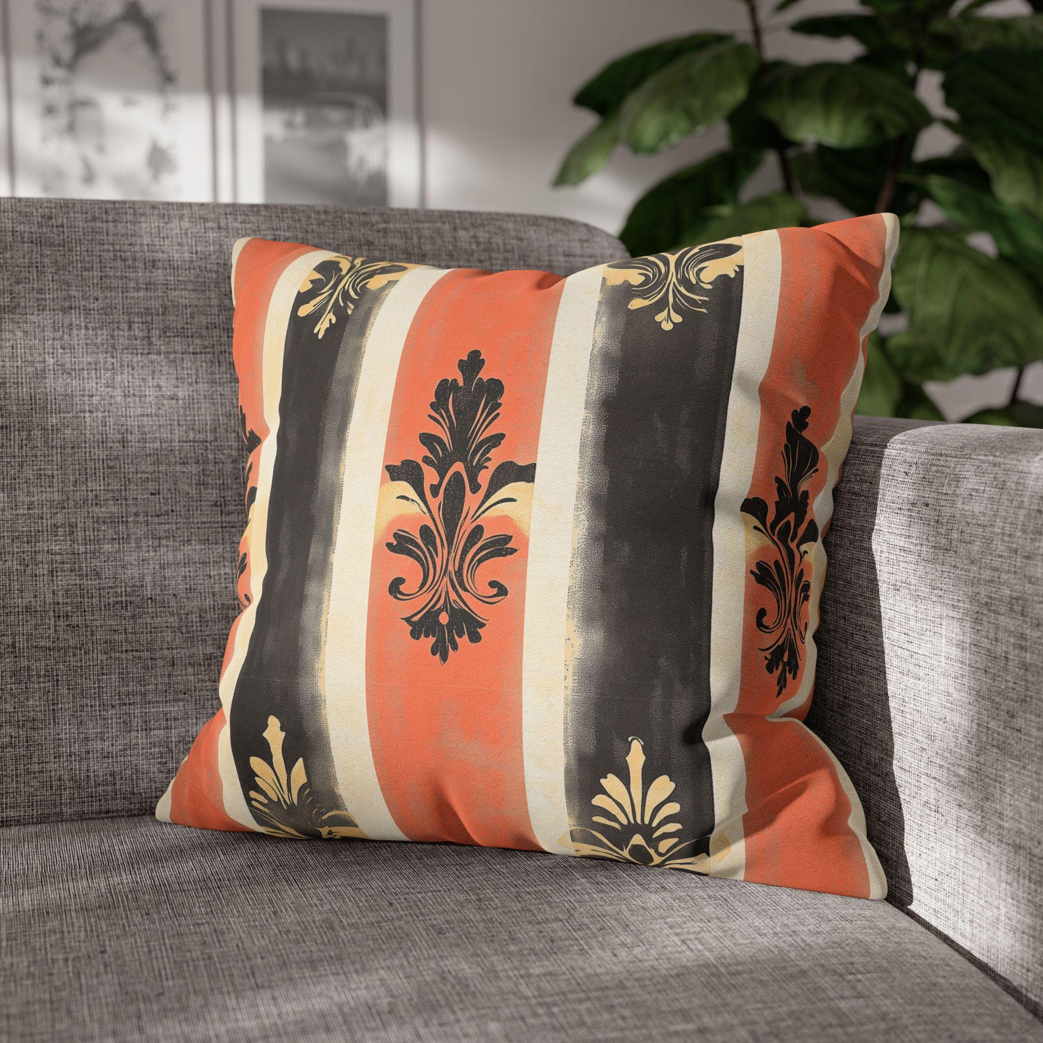 Elegant Farmhouse Patriotic Pillow Cover: Red, White & Navy Stripes with Gold Damask Floral Motifs