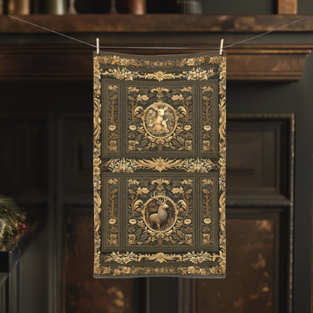 William Morris Inspired Noble Stag Hand Towel: with Doe and Fawn Woodland Design