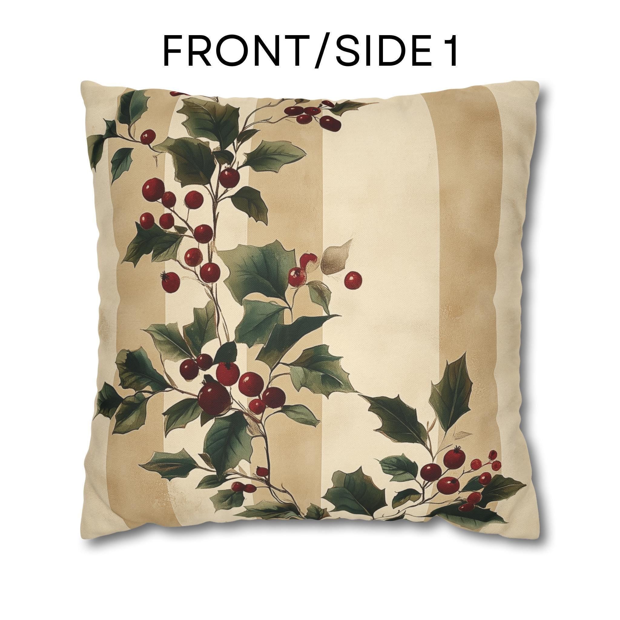 Vintage Style Holly & Stripes Pillow Cover: Classic Christmas Botanical Accent