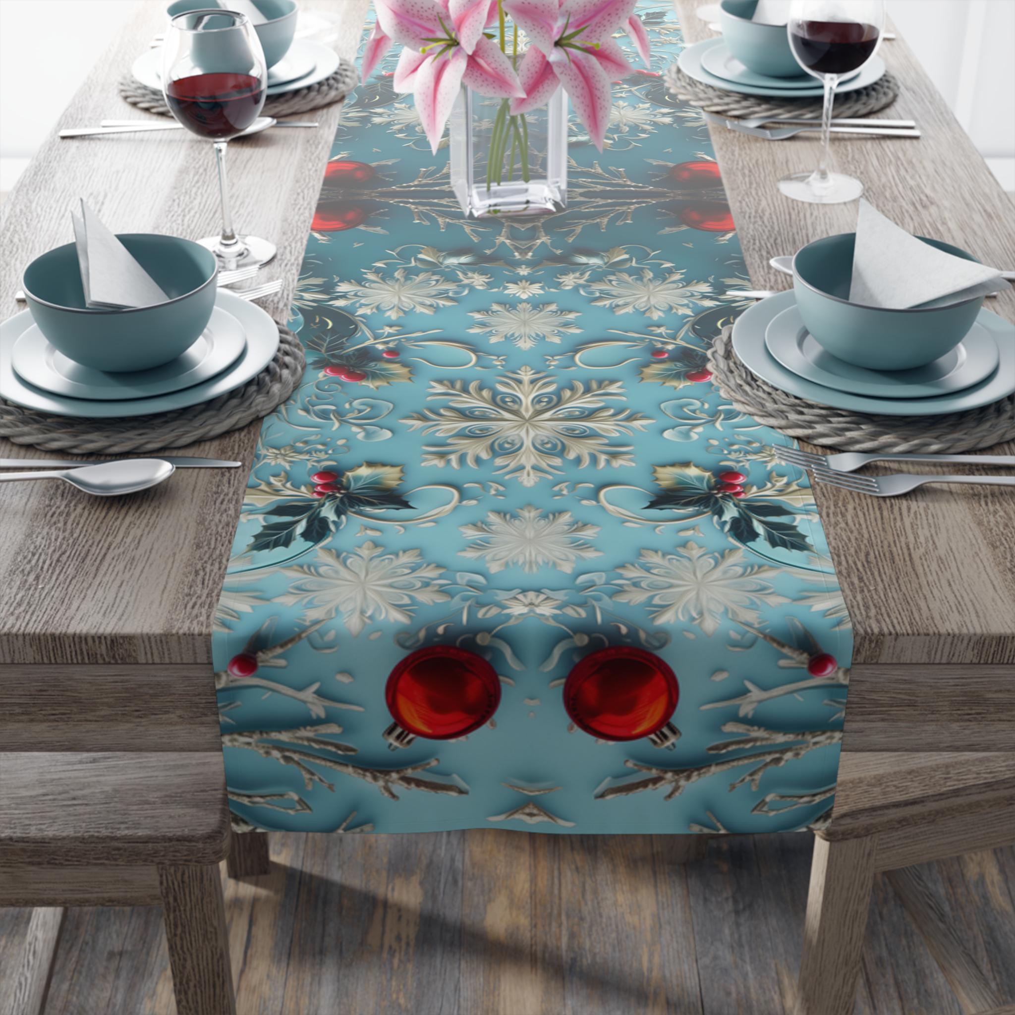 Winter Wonderland Table Runner Blue Aqua & Red Christmas Dining Holiday Centerpiece Festive Design