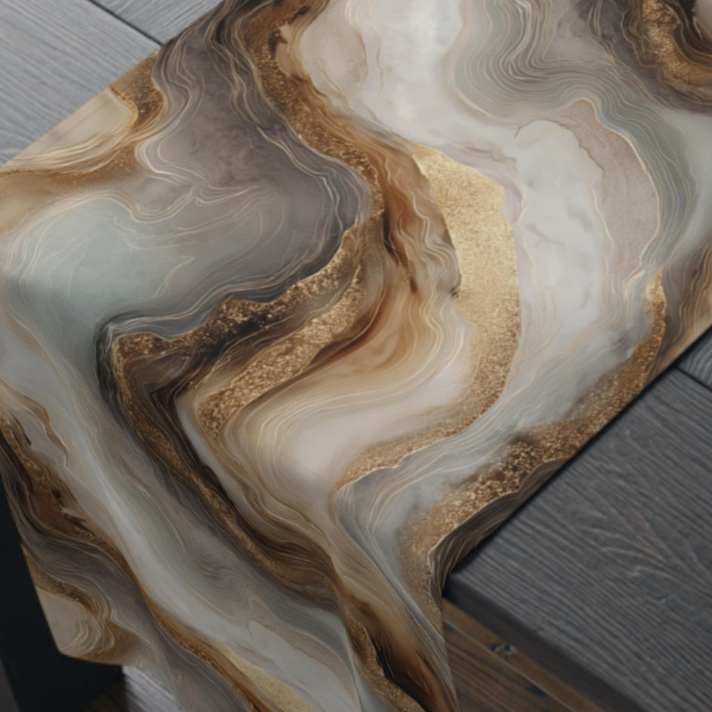 Modern Abstract Table Runner: Brown Marble Look with Gold Color Accents