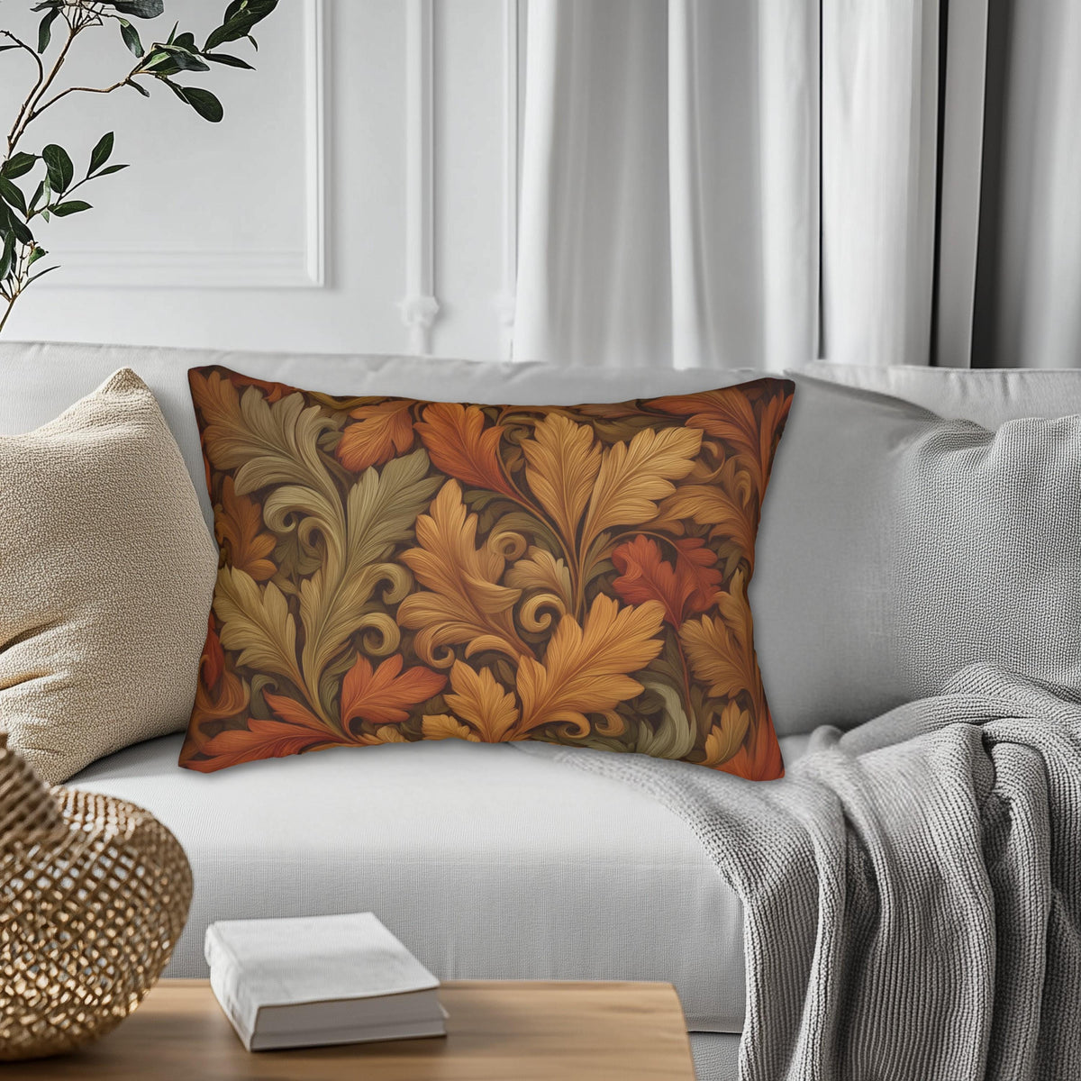 Vintage-Inspired William Morris Fall Leaf Lumbar Pillow: Autumn Harvest Tapestry Accent